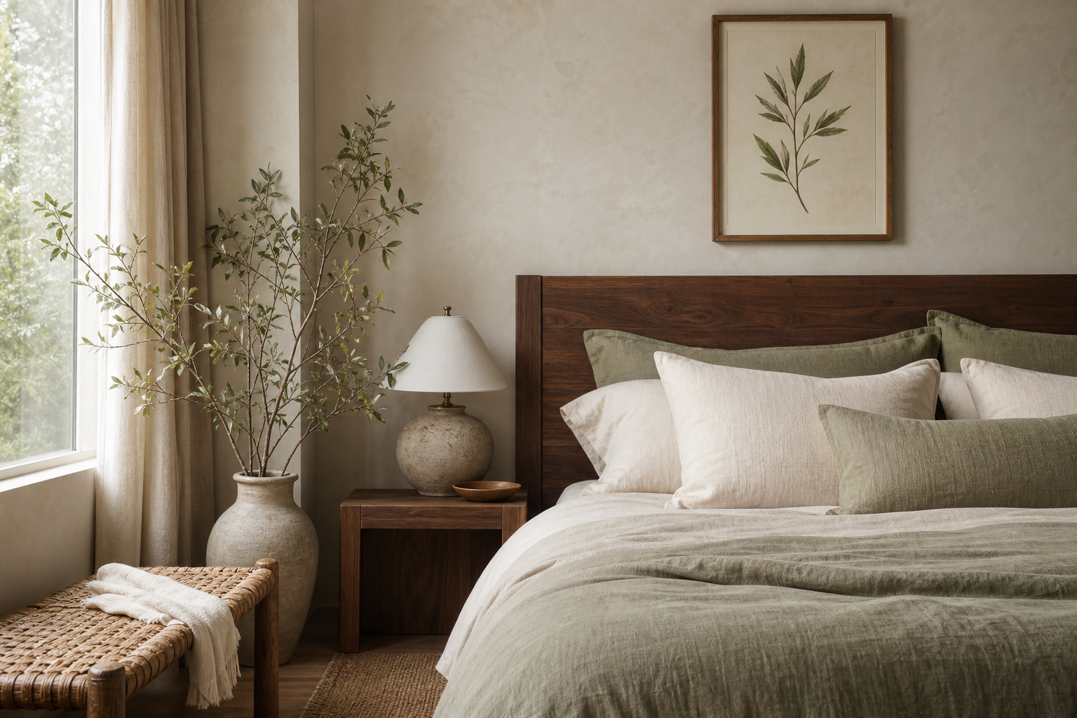 Framed botanical print above a bed with soft green and neutral bedding
