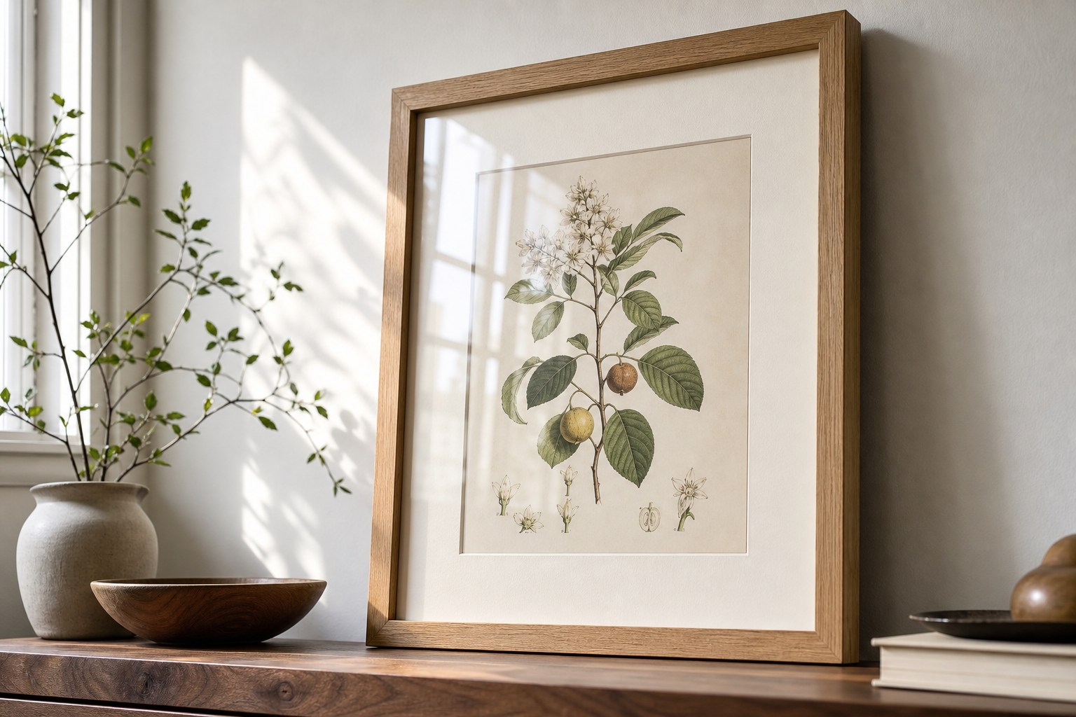 Close-up of oak frame and mat around a vintage botanical art print