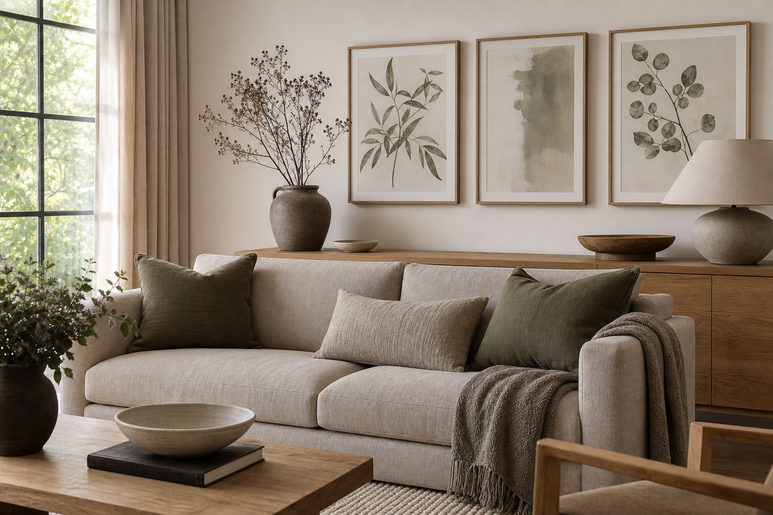 Living room with botanical wall art, oak furniture, and muted green accents