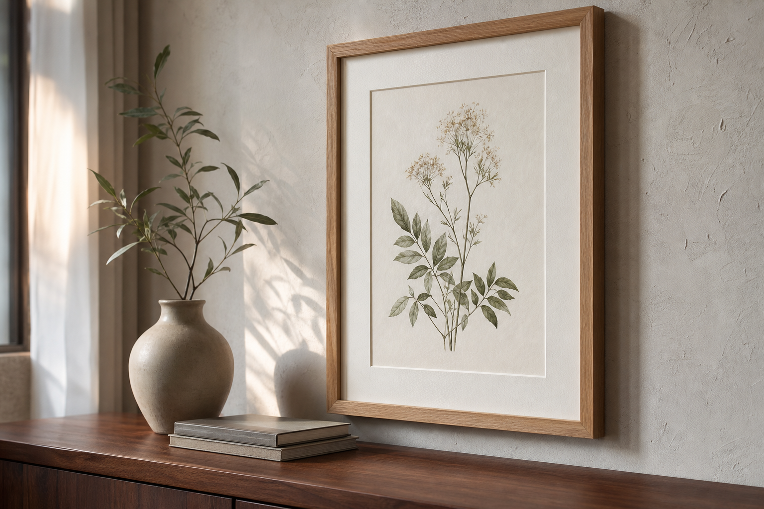 Close-up of botanical art in a slim oak frame