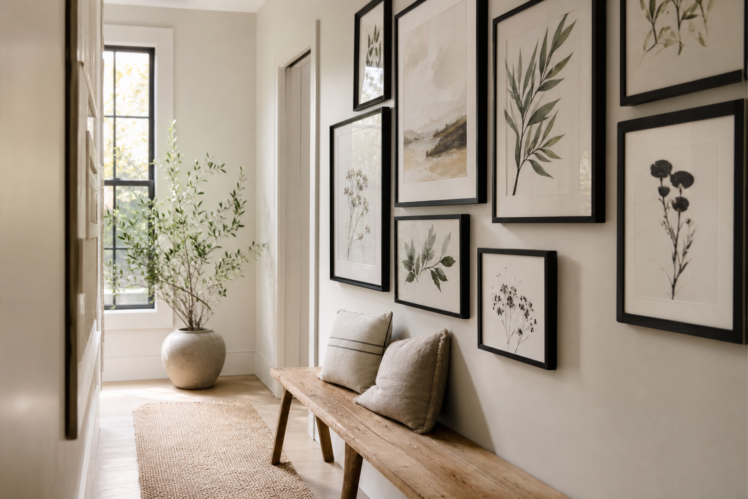 Calm gallery wall of botanical and neutral art in a hallway