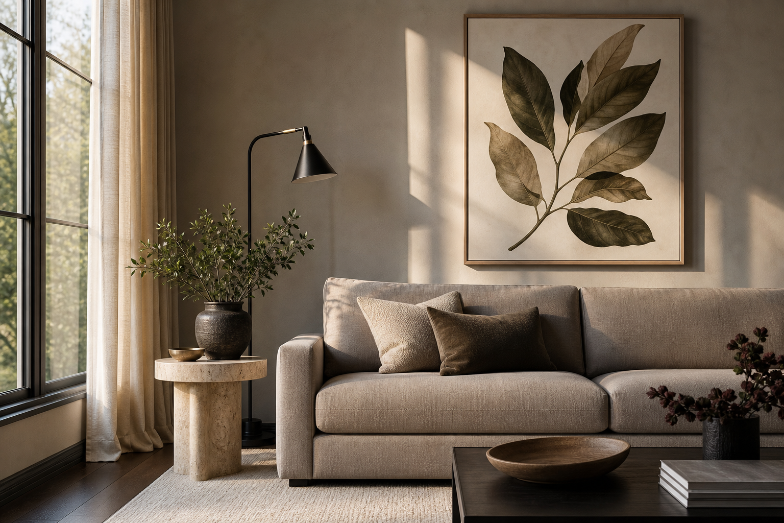 Botanical art styled above a contemporary sofa