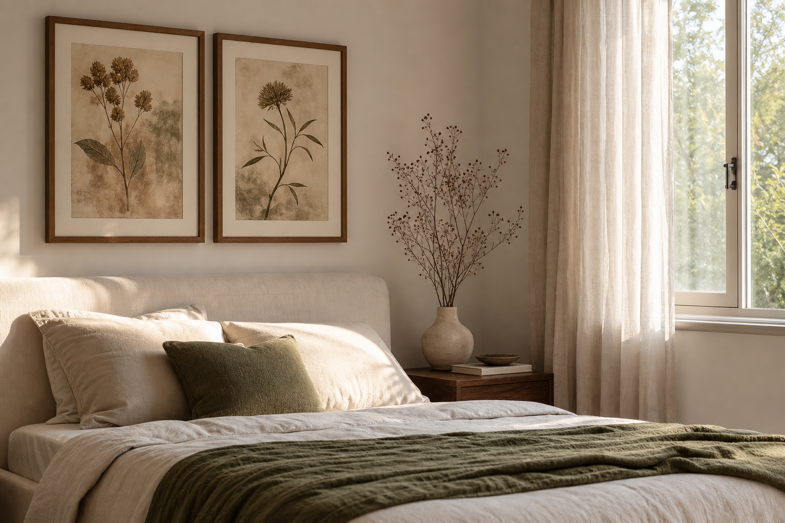 Bedroom corner with muted botanical prints and natural textiles