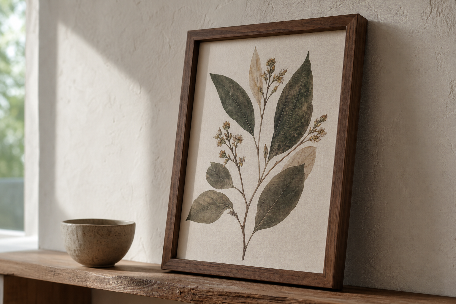 Close-up of walnut frame and textured botanical print paper