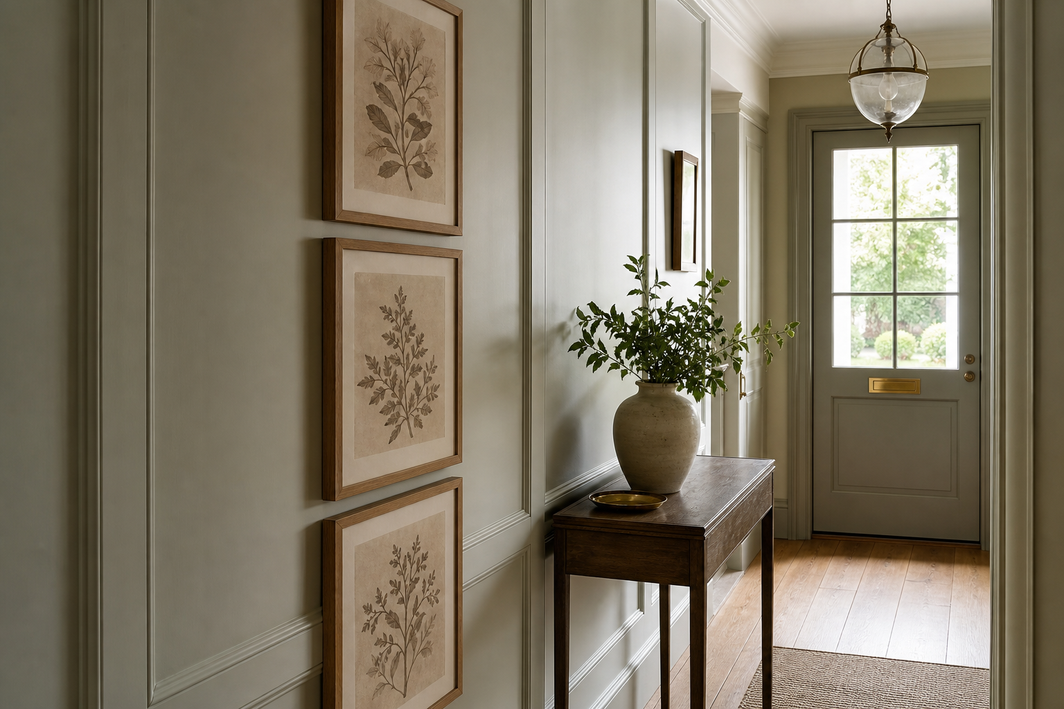 Narrow hallway with vintage botanical art in wood frames