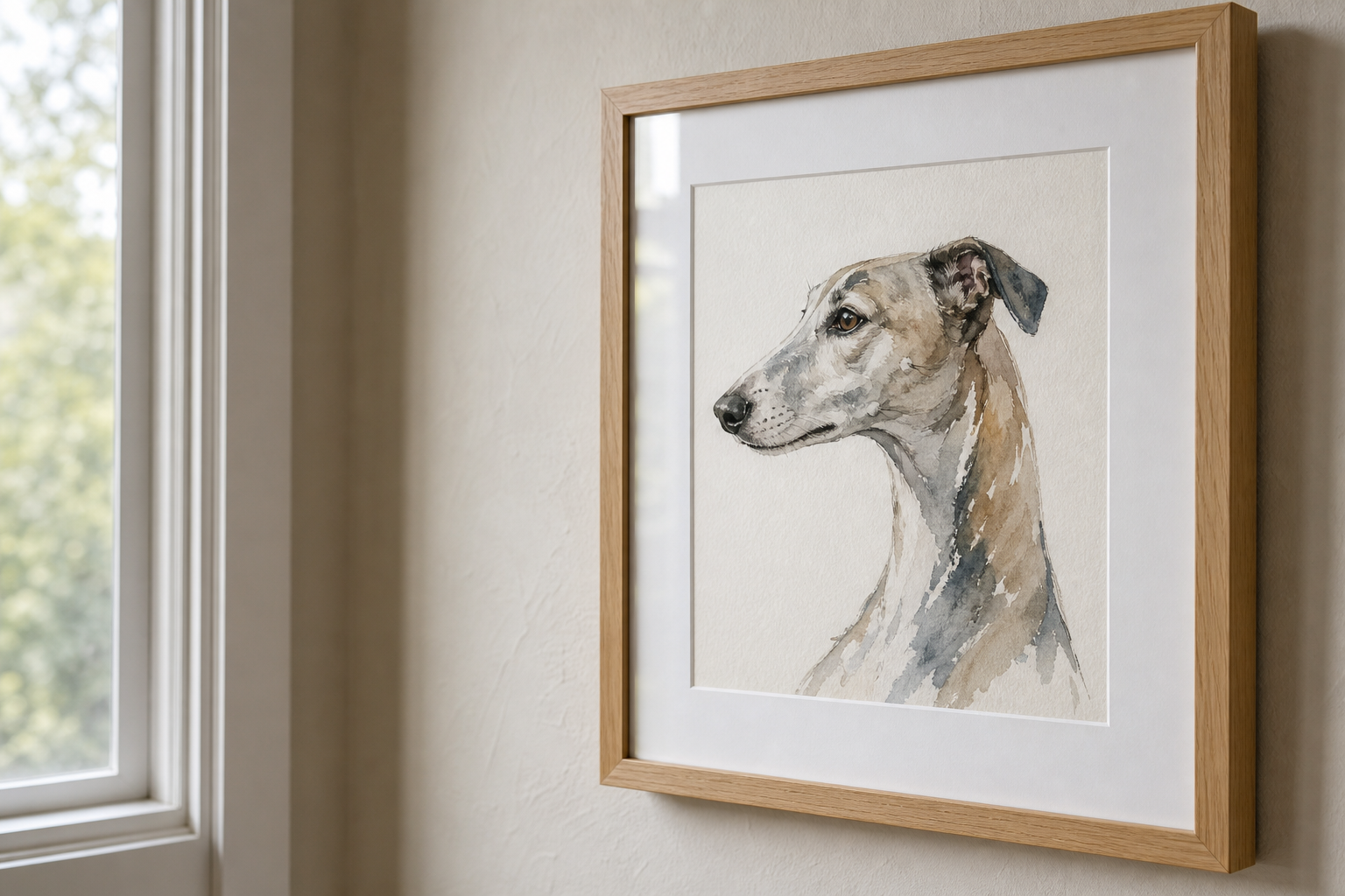 Close-up of framed dog print with oak frame and mount