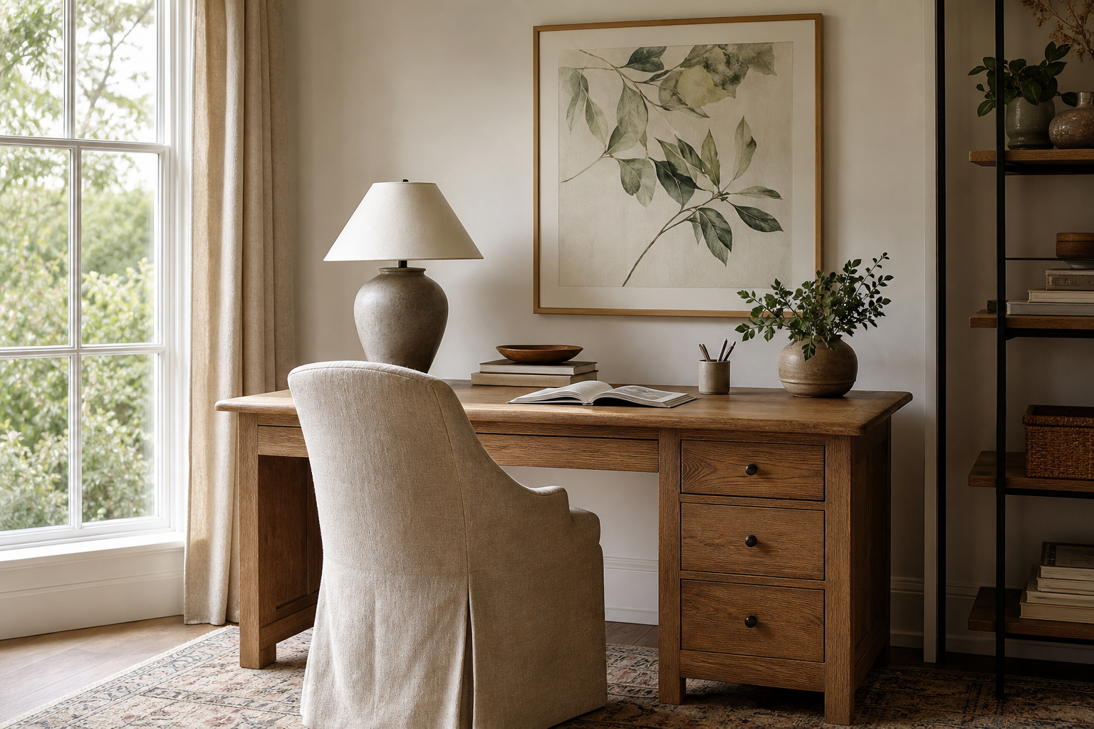 Dog wall art in a calm home office