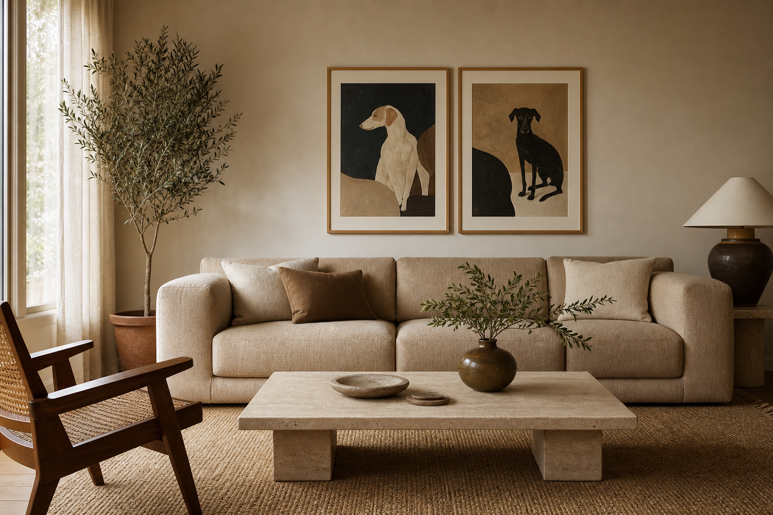 Dog breed art arranged above a sofa