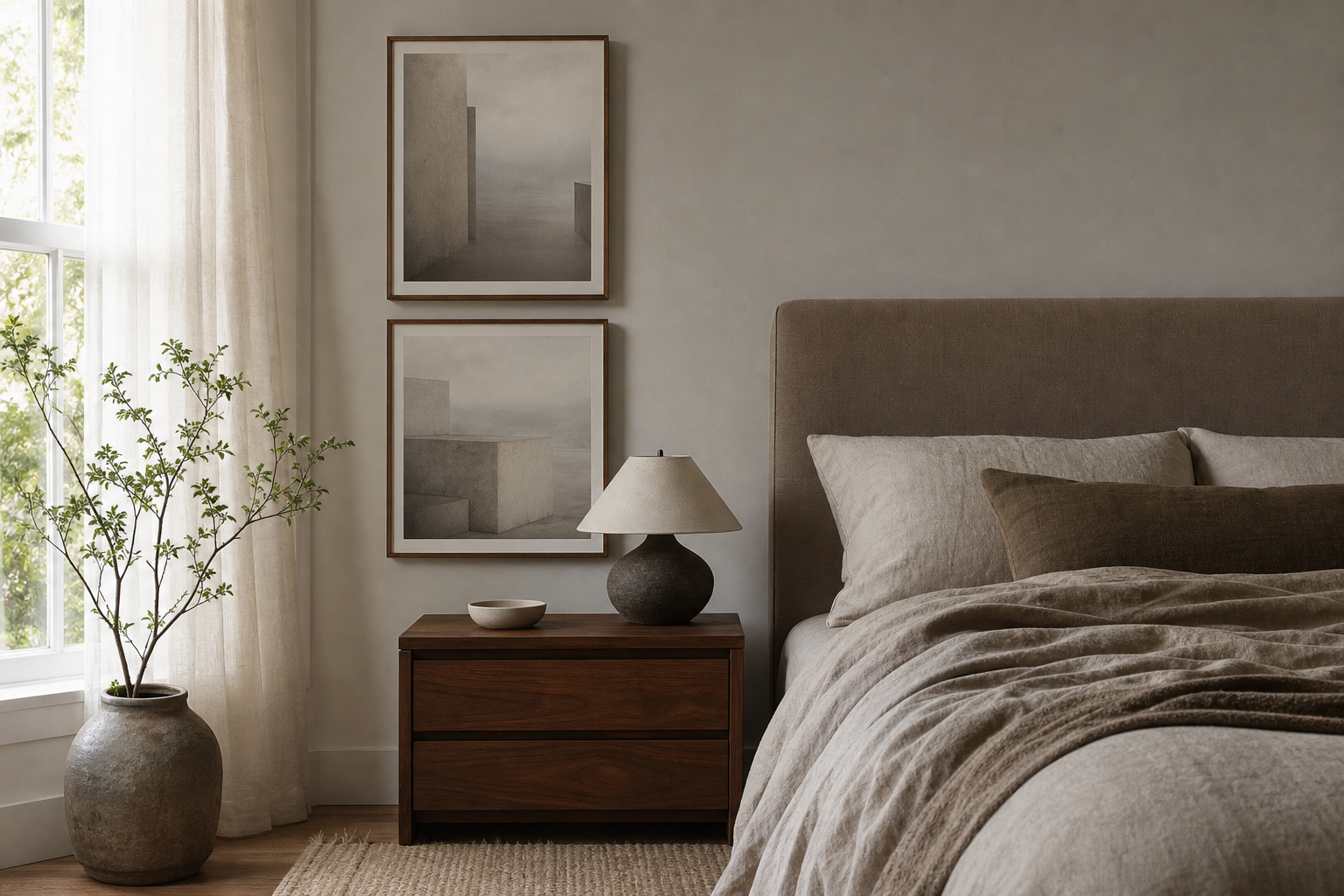 Bedroom corner styled with brutalist and minimalist wall art