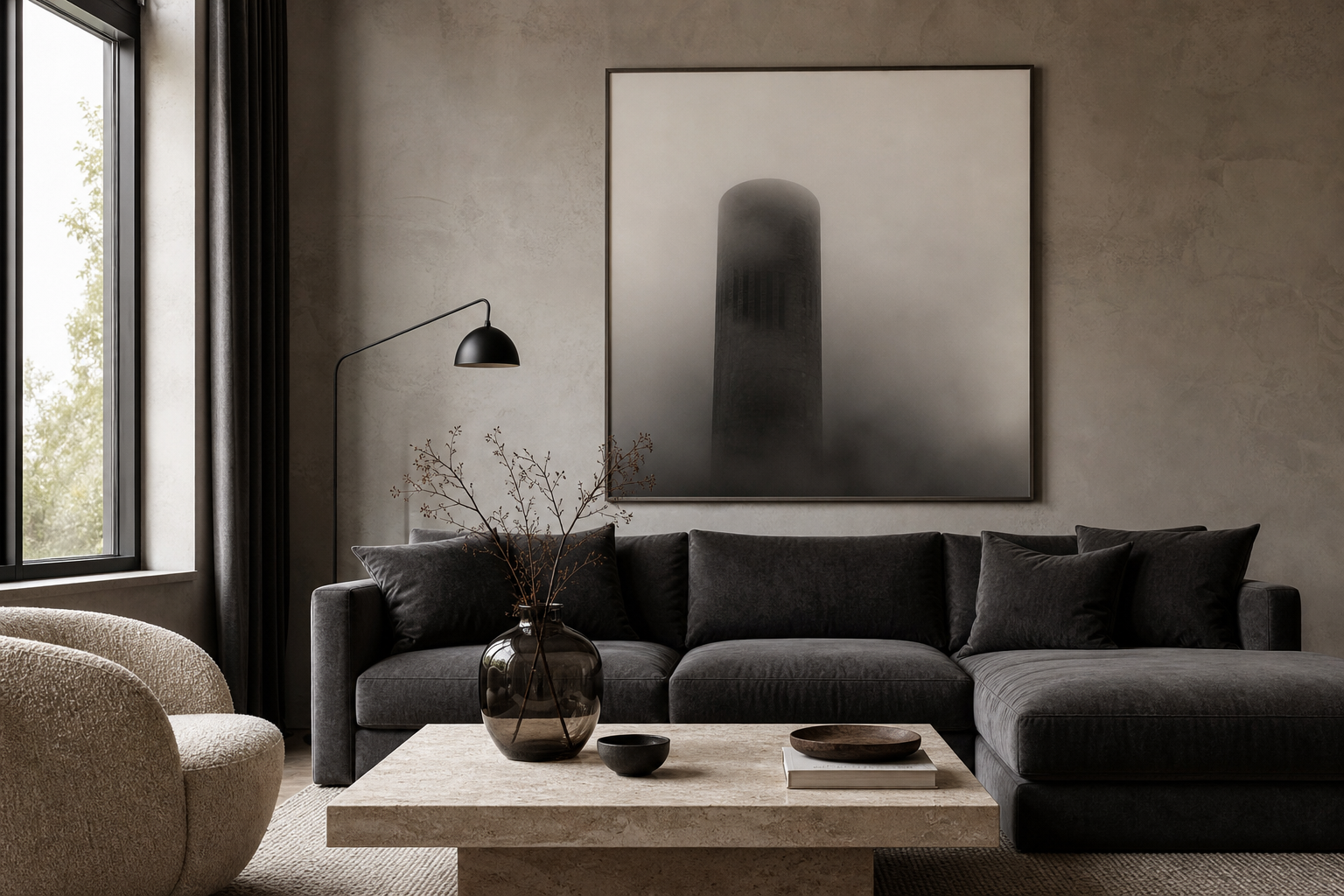 Living room with foggy brutalist architecture art above a sofa