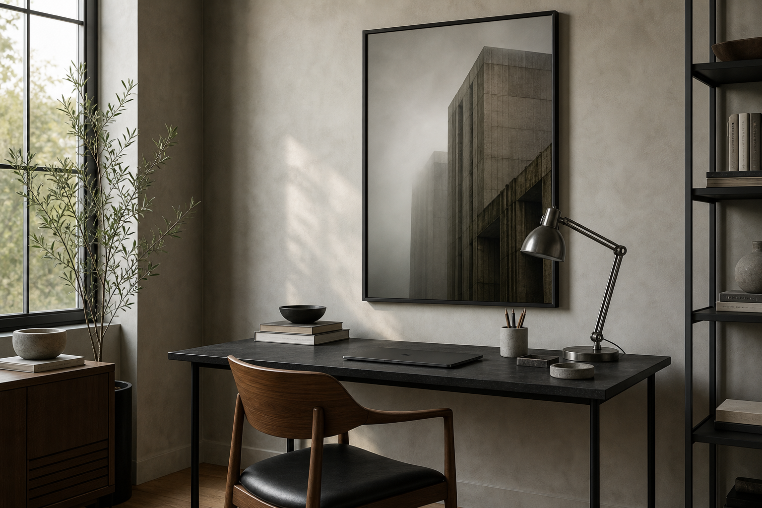 Home office with a large vertical brutalist architecture print