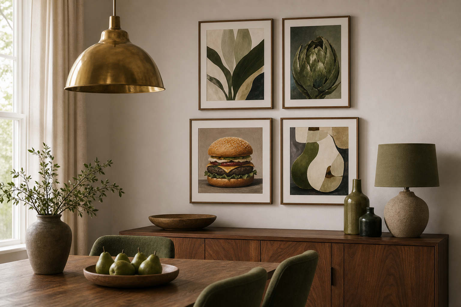 Dining room gallery wall with burger art