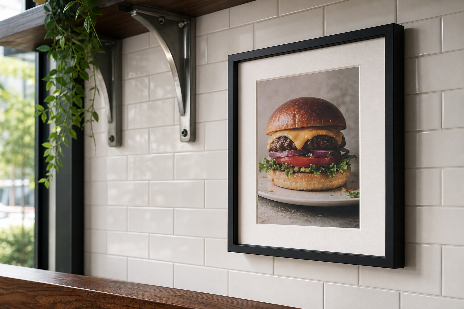 Close-up of framed burger photography above tiled kitchen wall
