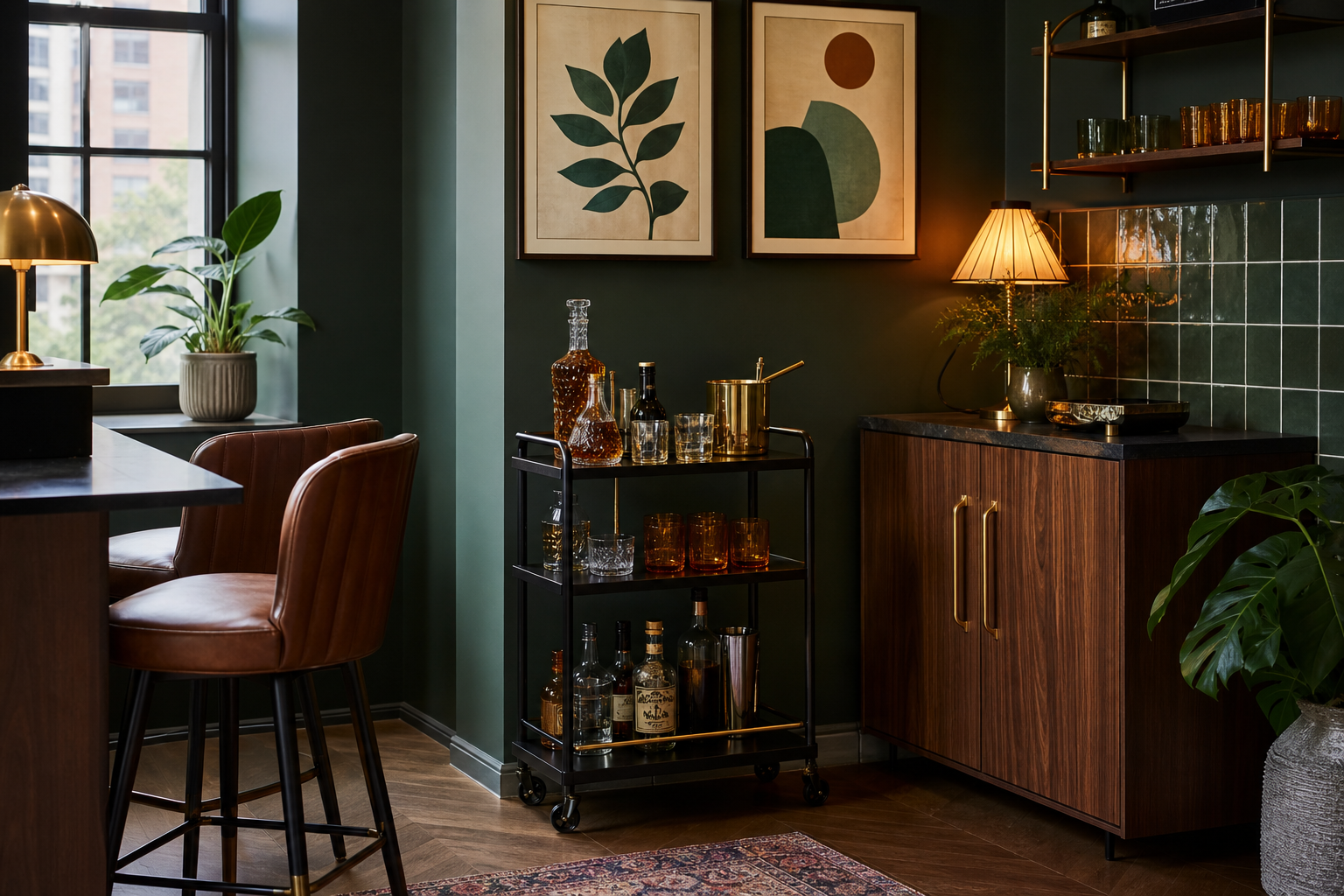Home bar with burger wall art and moody lighting
