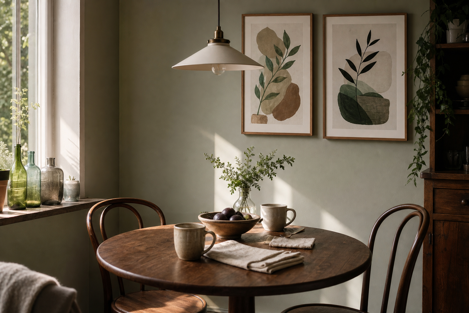 Eclectic breakfast corner with playful burger illustration art