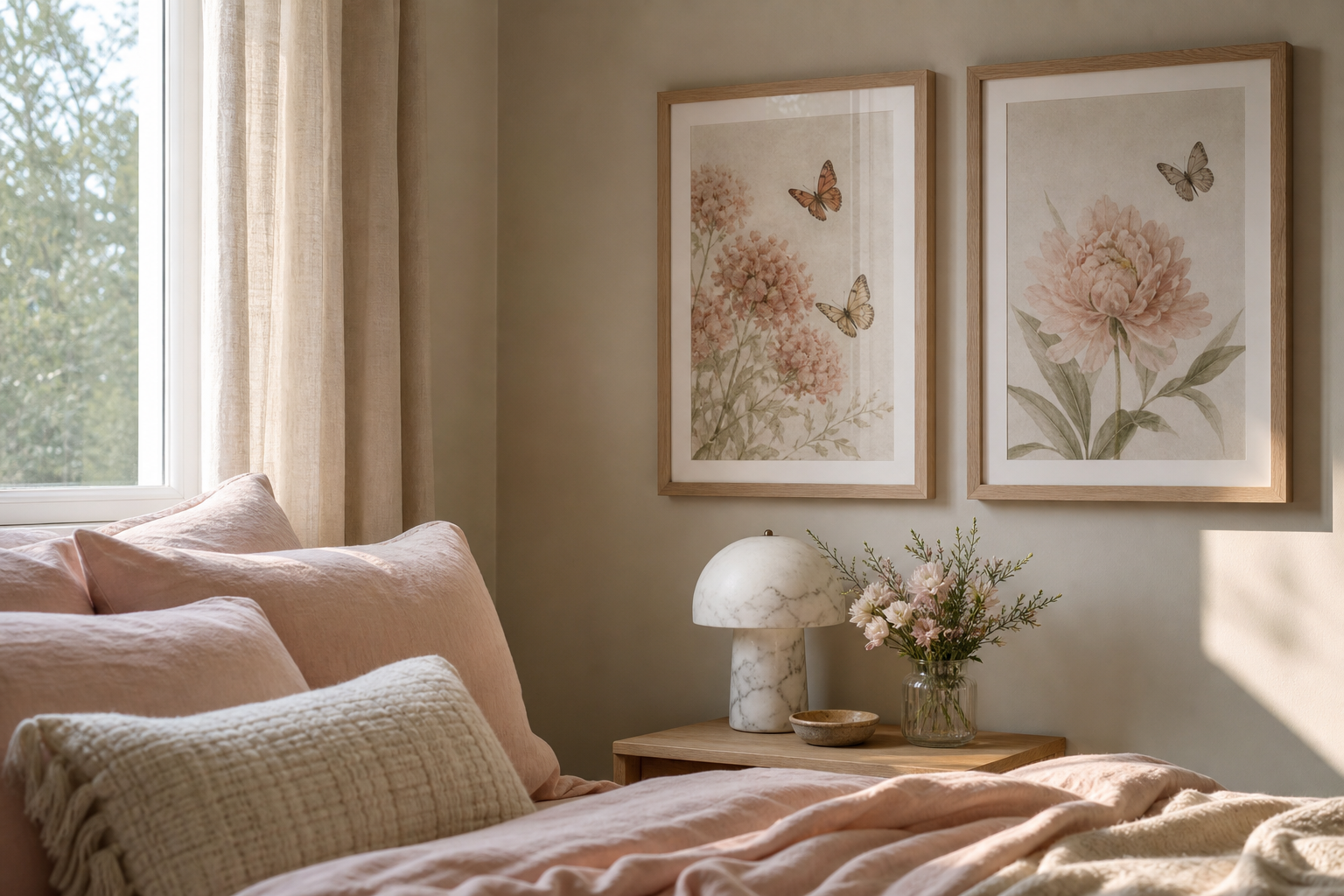 Bedroom wall styled with butterfly floral prints and light wood frame