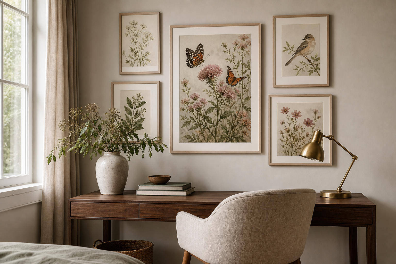 Gallery wall mixing butterfly floral art with botanical and bird prints