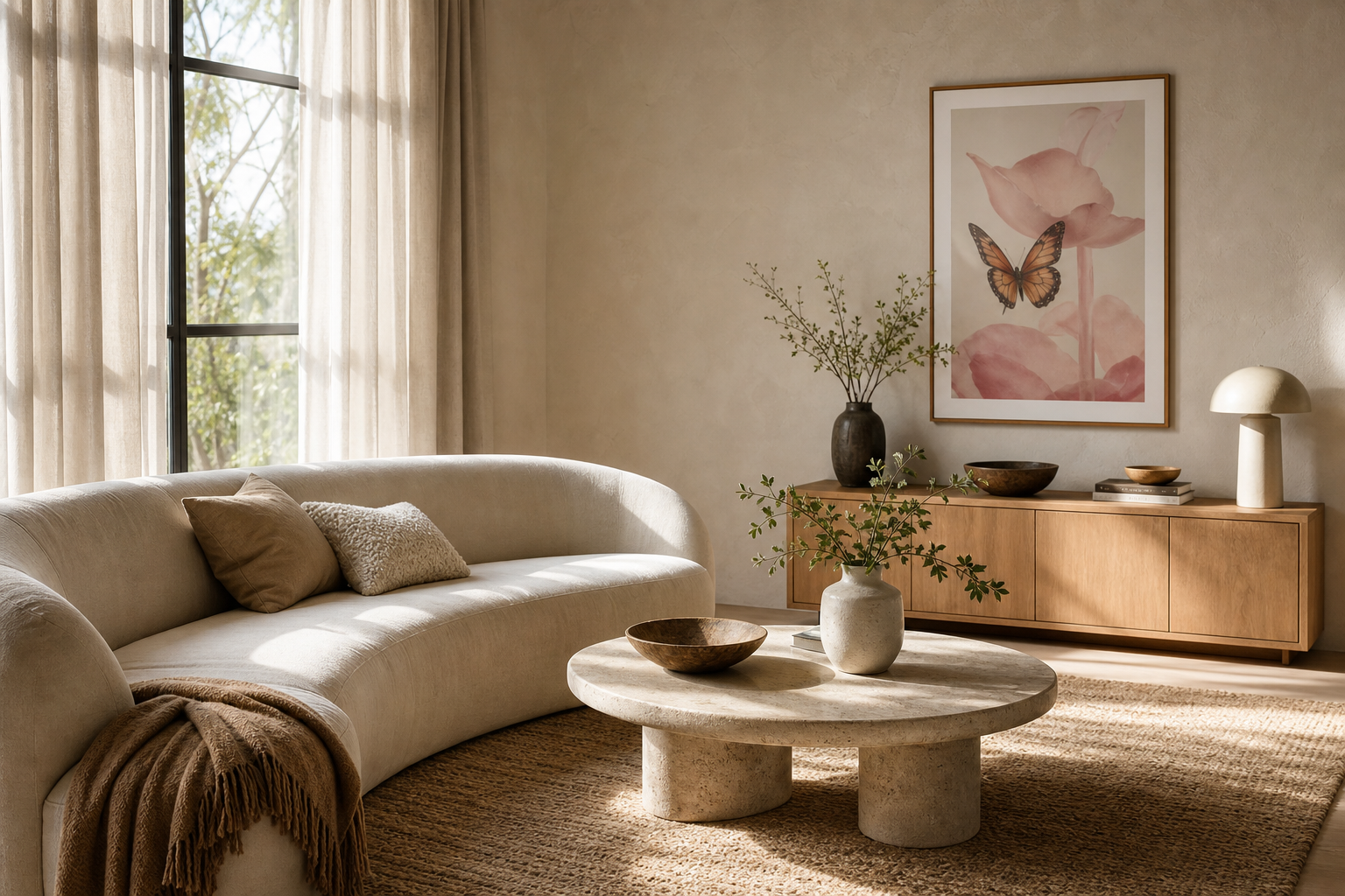 Light living room with pink floral butterfly art and warm neutrals