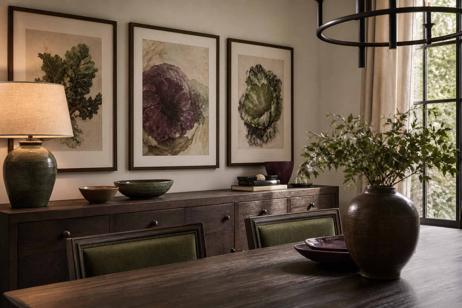 Cabbage-inspired wall art in a dining room with collected styling