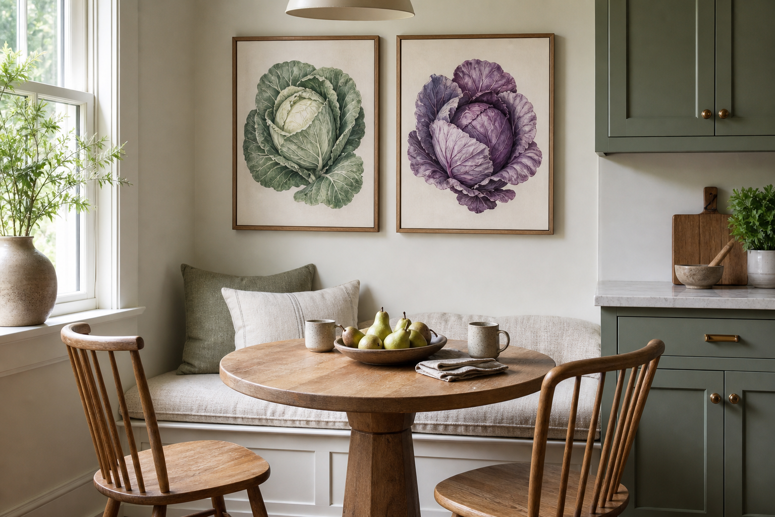 Cabbage artwork above a breakfast nook