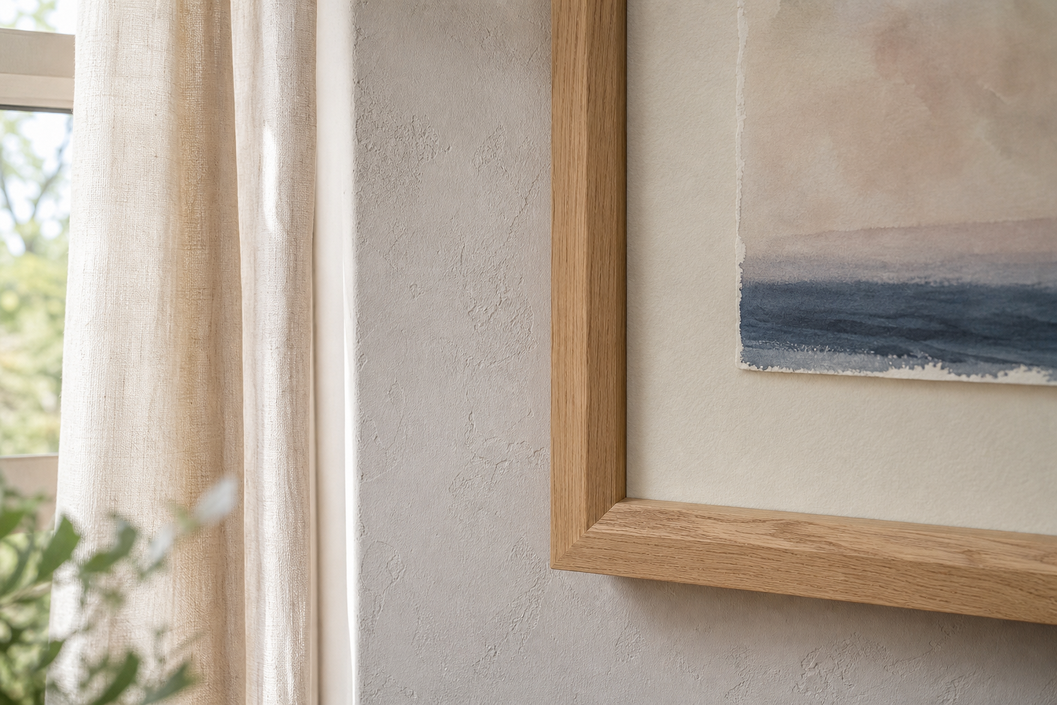 Close-up of oak frame and textured wall art paper in coastal interior