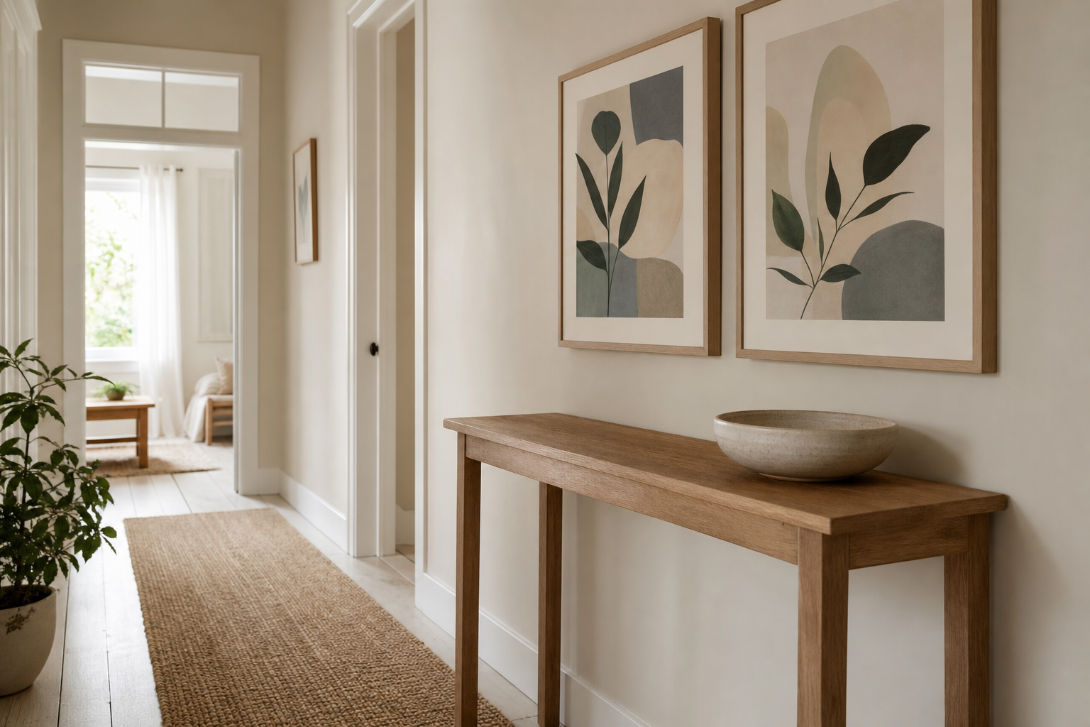 Narrow hallway styled with beach cabin wall art and light wood console