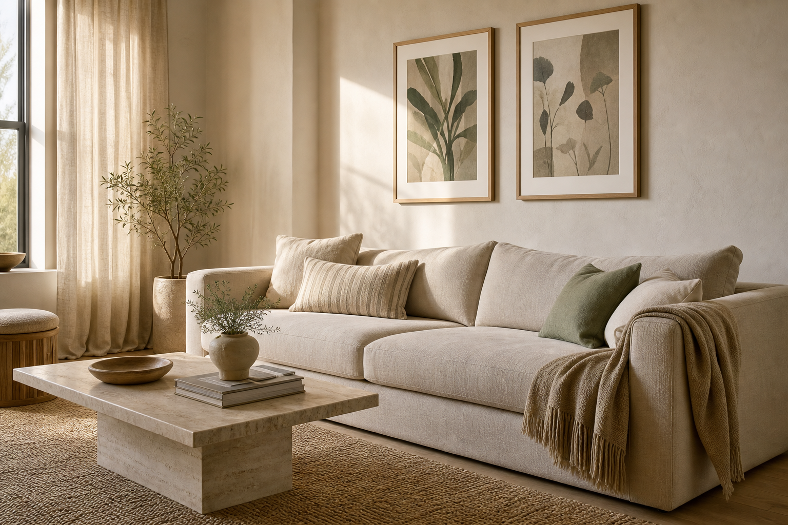 Airy living room with coastal wall art over a neutral sofa