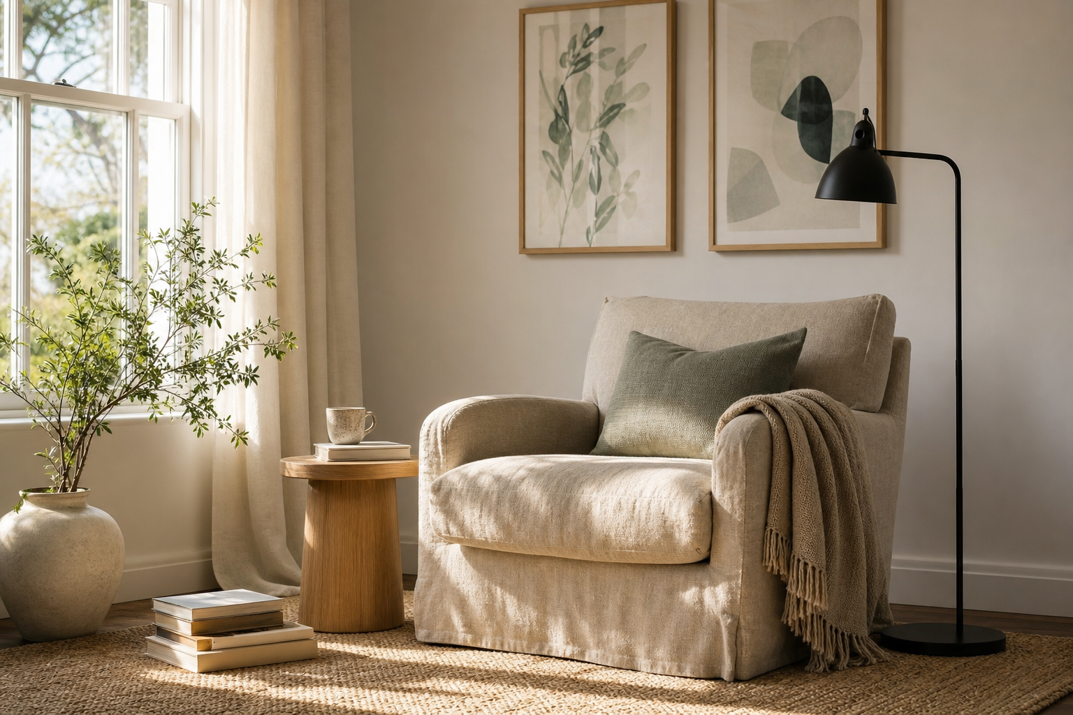 Coastal reading corner with framed seaside art, linen chair, and floor lamp