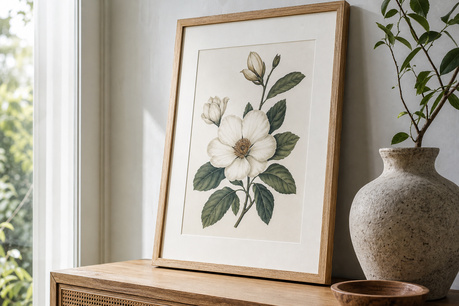 Close-up of oak frame and matted botanical print