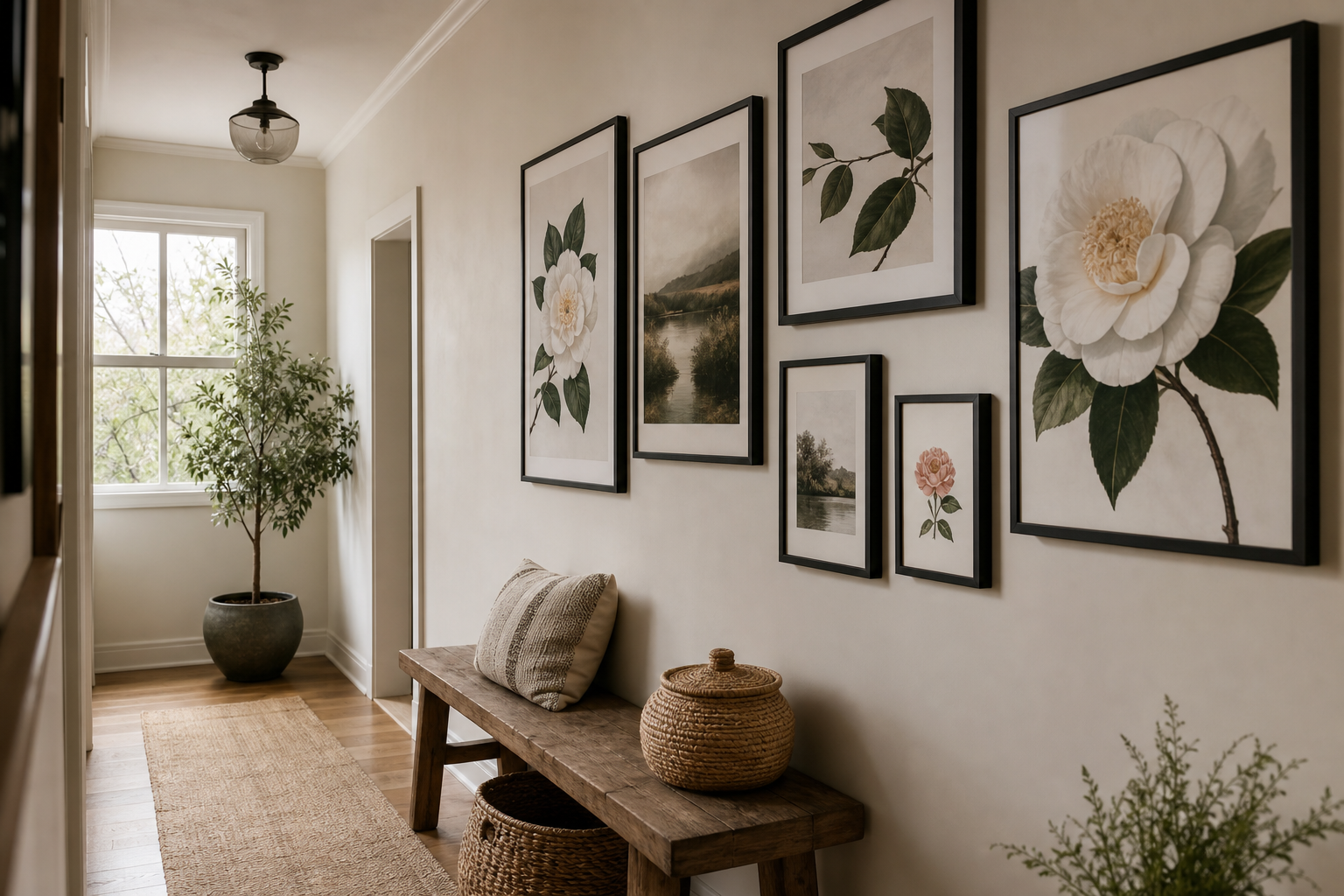 Hallway gallery wall with floral and nature art
