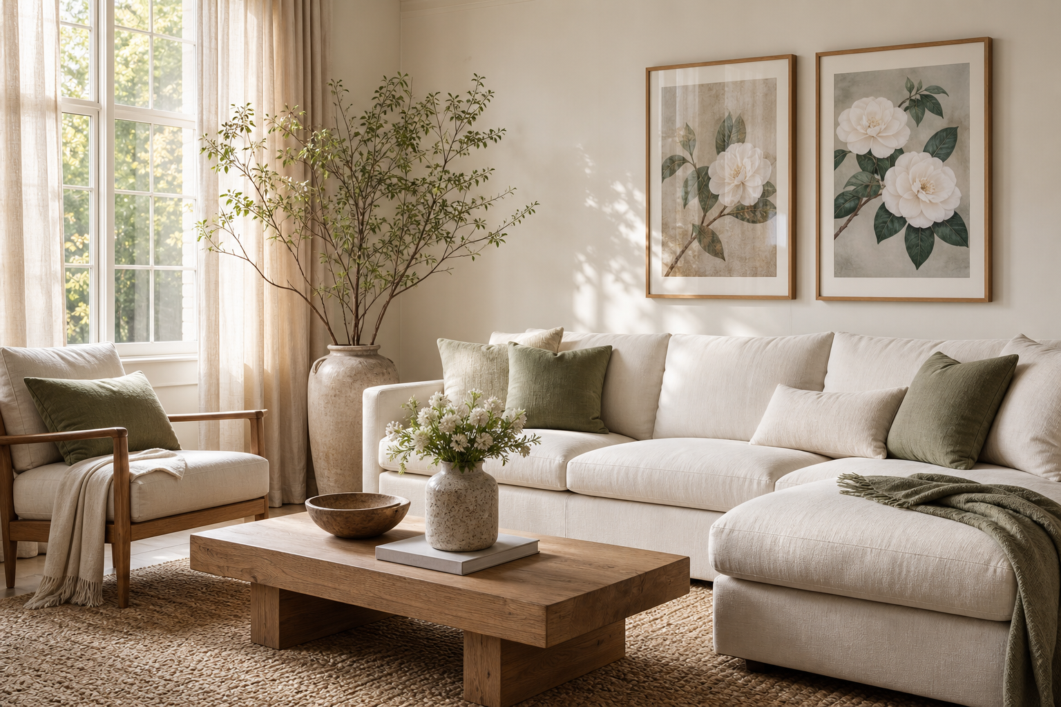 Soft living room with botanical floral wall art