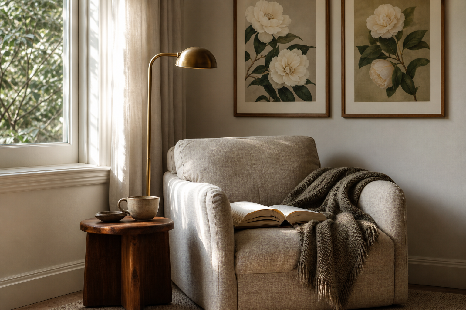 Reading corner with botanical wall art and soft textures