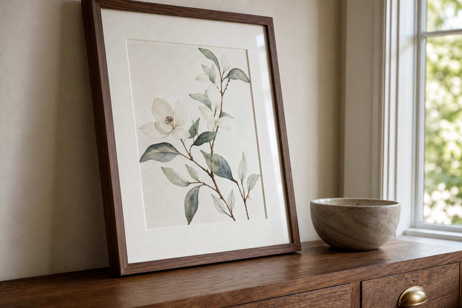 Close-up of botanical art frame and matting