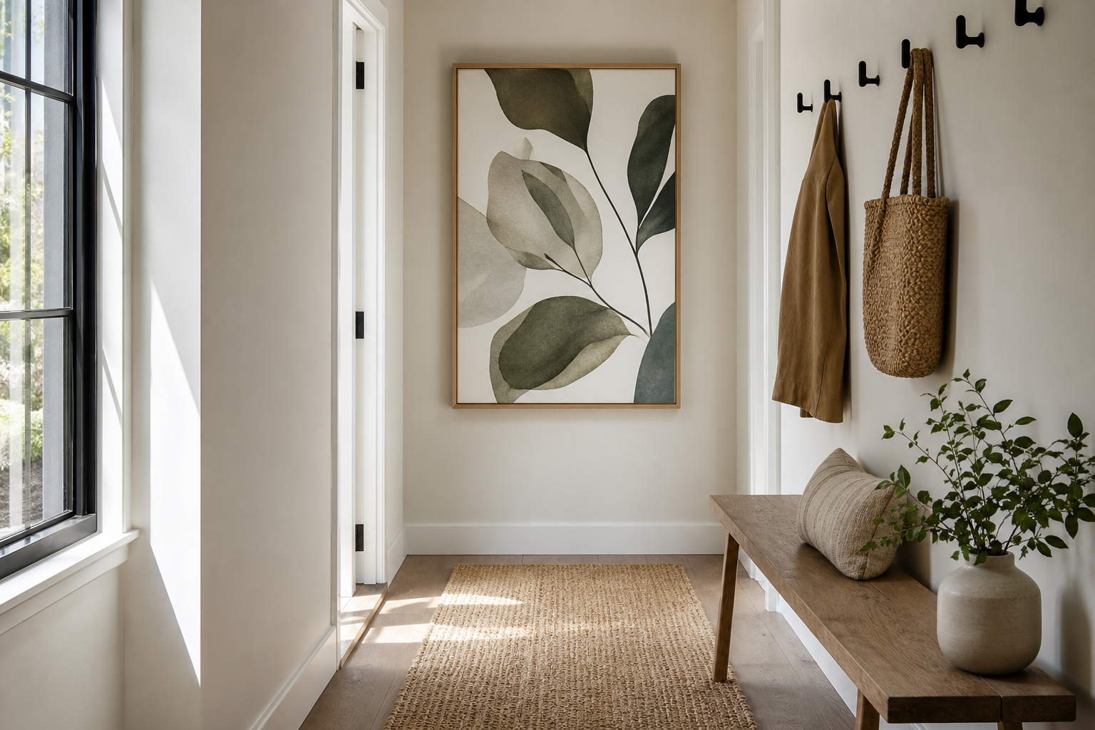 Narrow hallway with framed canoe landscape art and natural wood details
