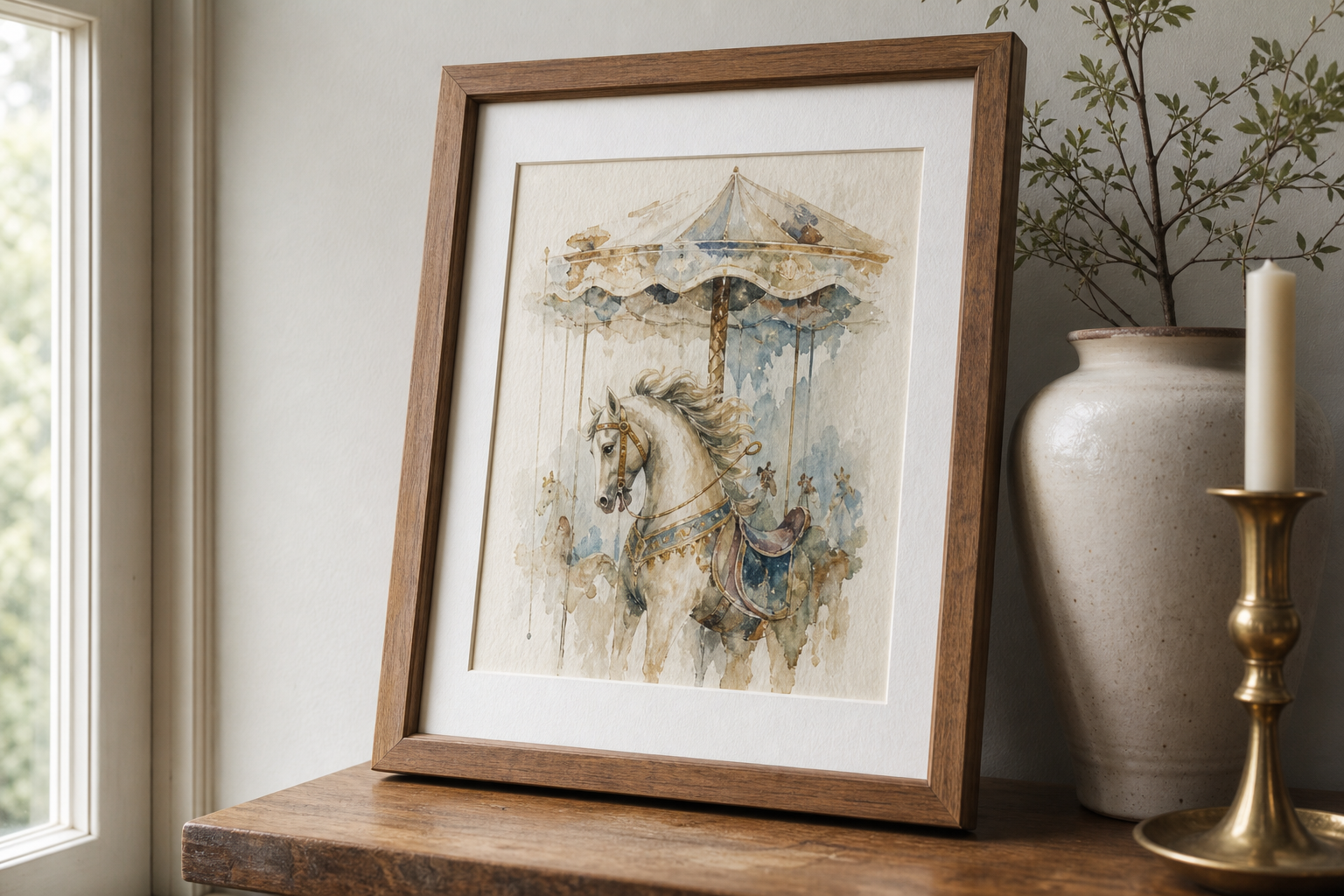 Close-up of framed carousel print with wood frame