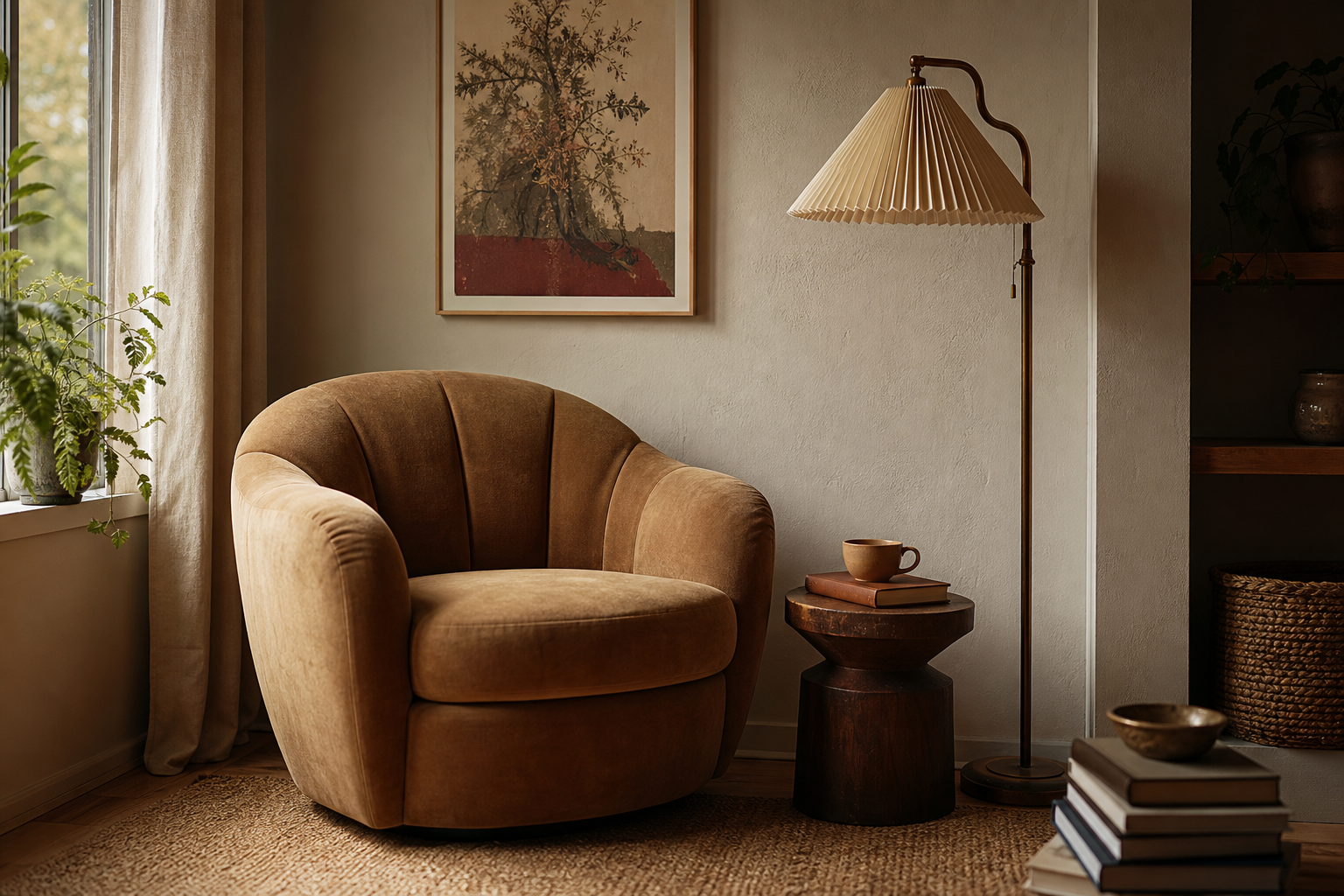 Reading corner with vintage carousel wall art