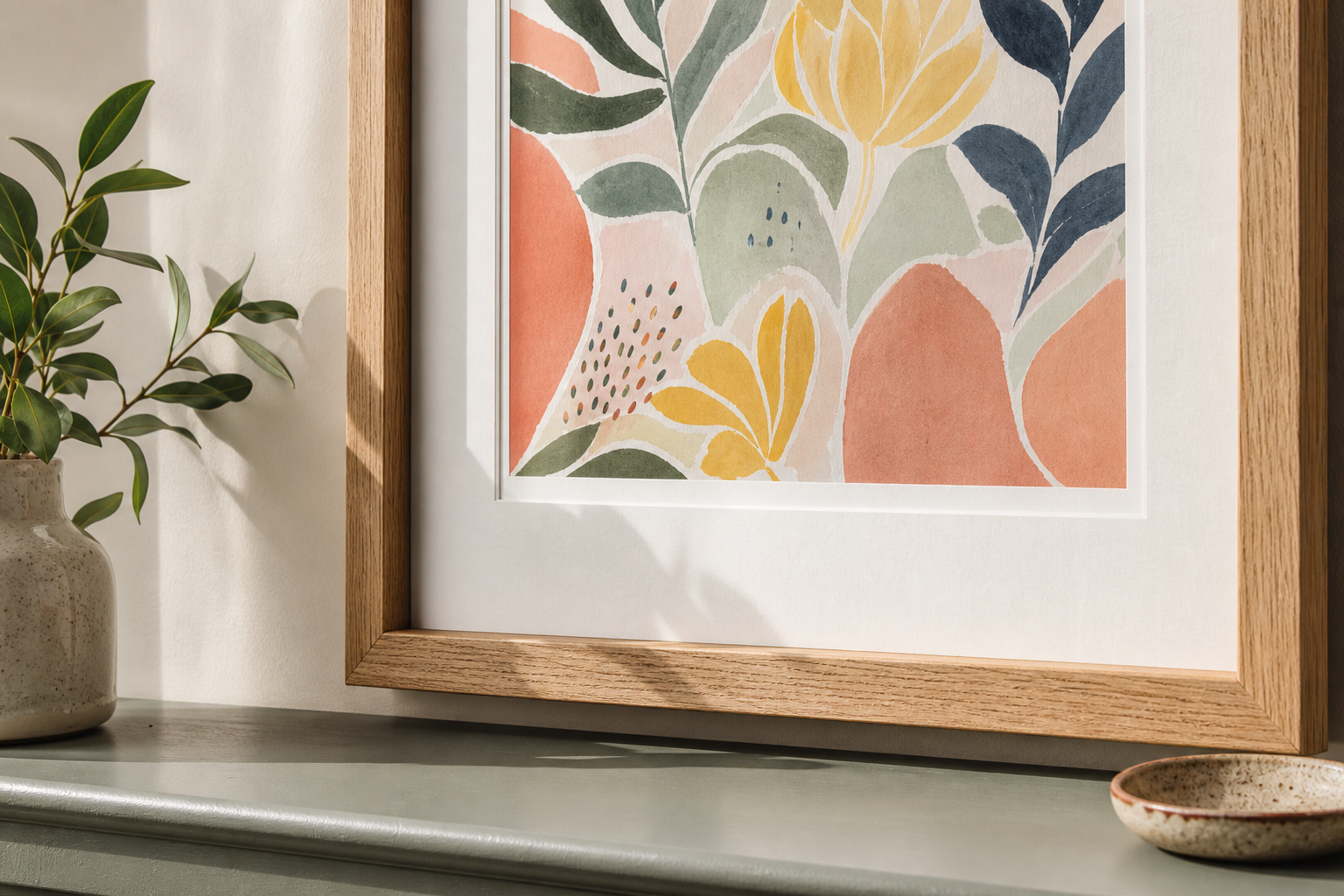 Close-up of oak frame around playful children's art