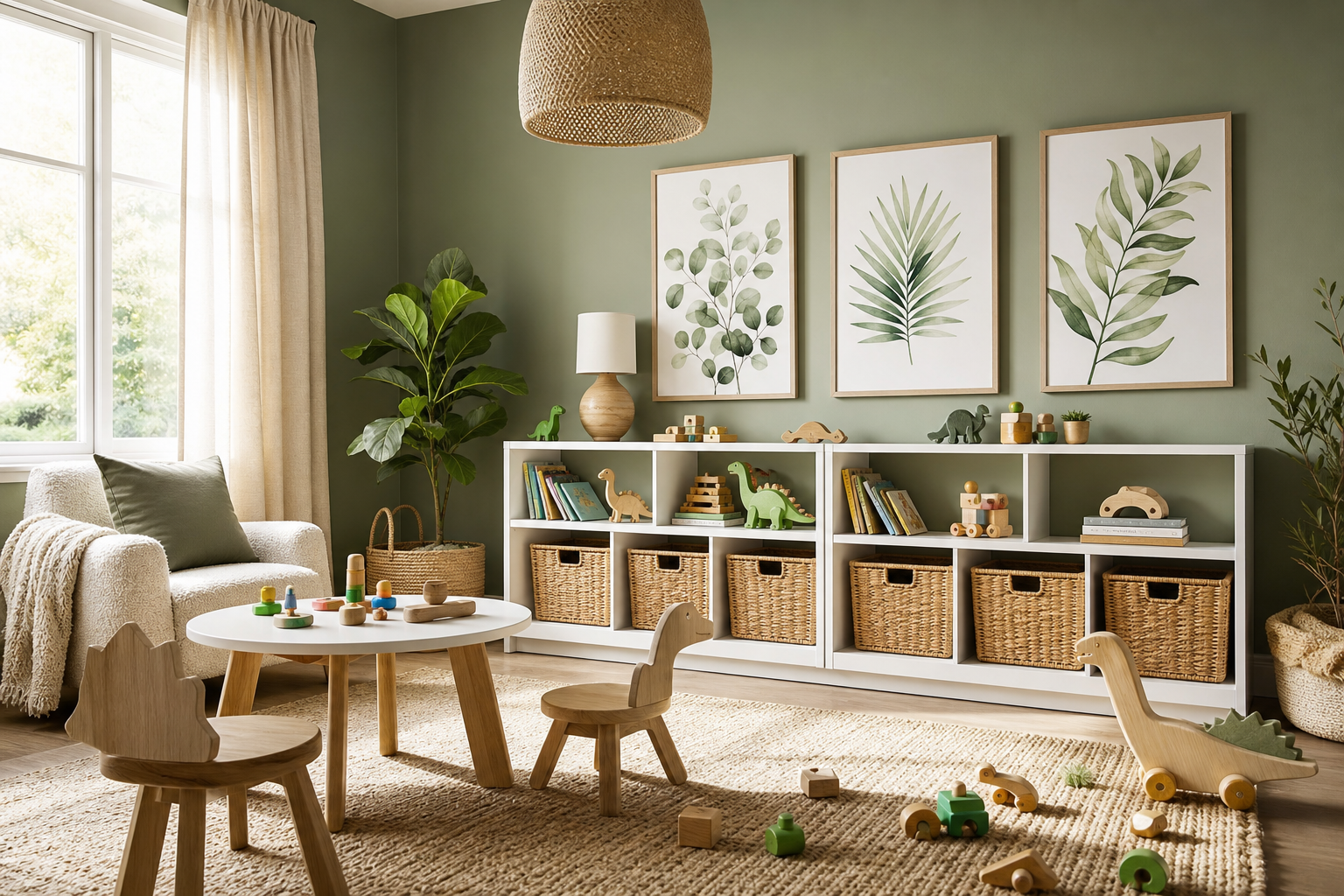 Playroom with dinosaur-themed wall art