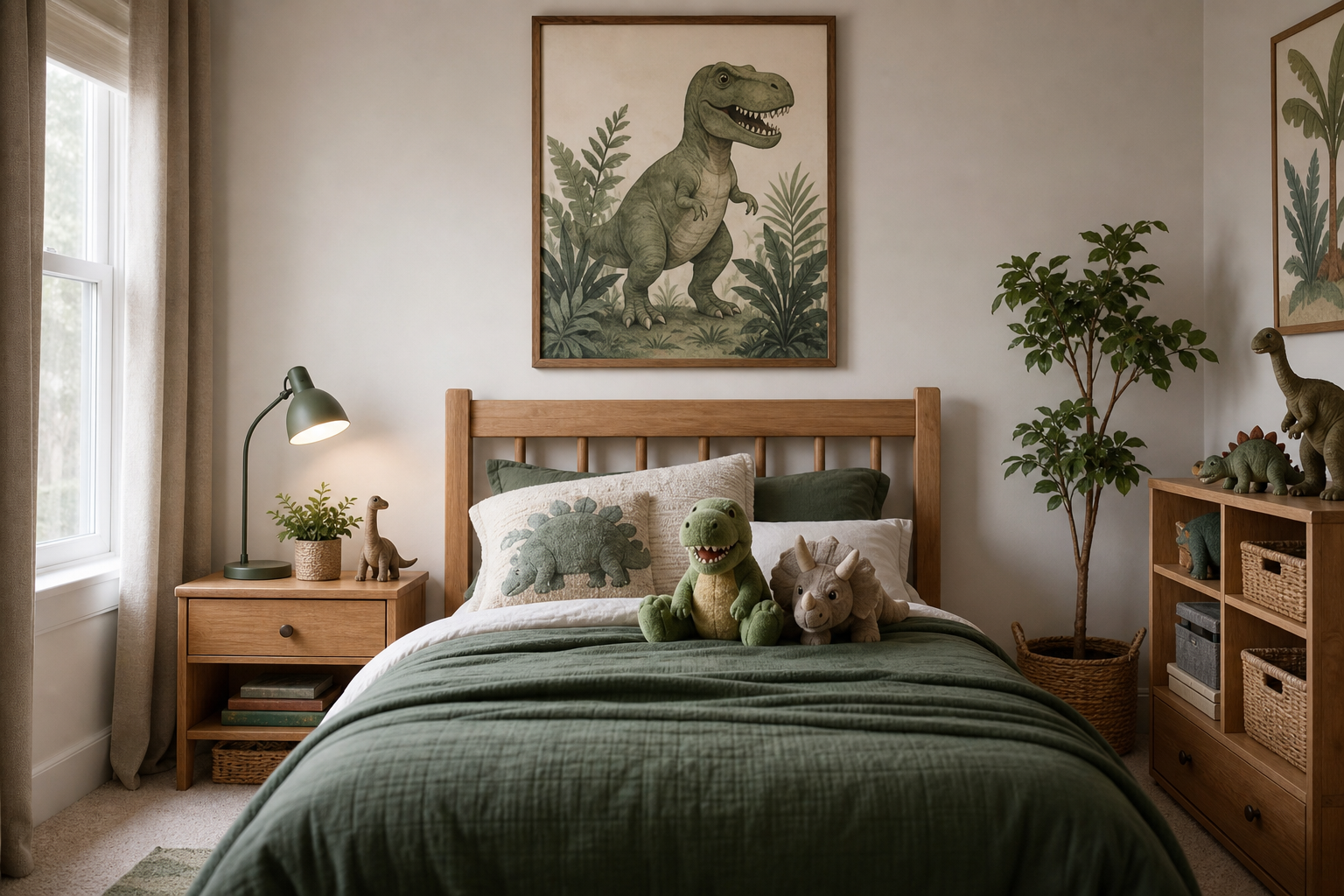 Cartoon dinosaur art above a child's bed