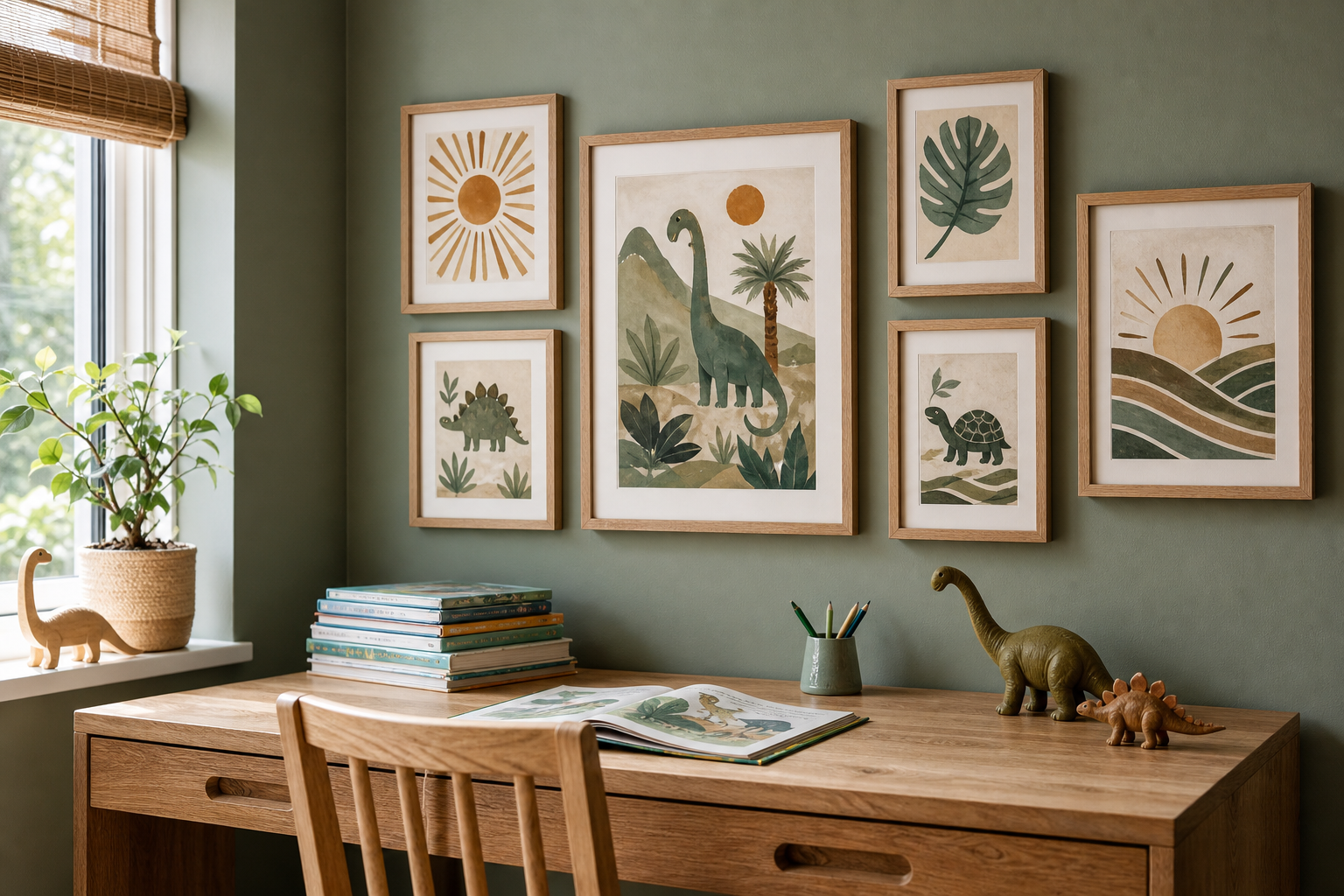 Dinosaur-themed gallery wall in a kids room