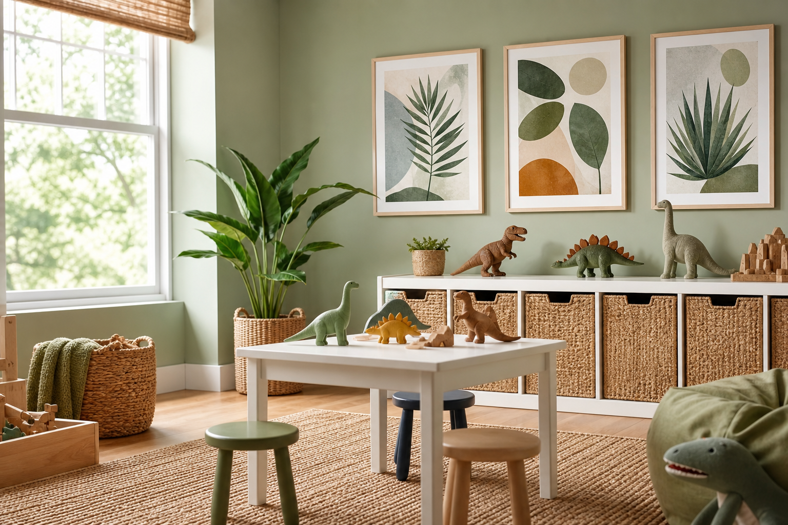 Playroom with dinosaur-themed wall art