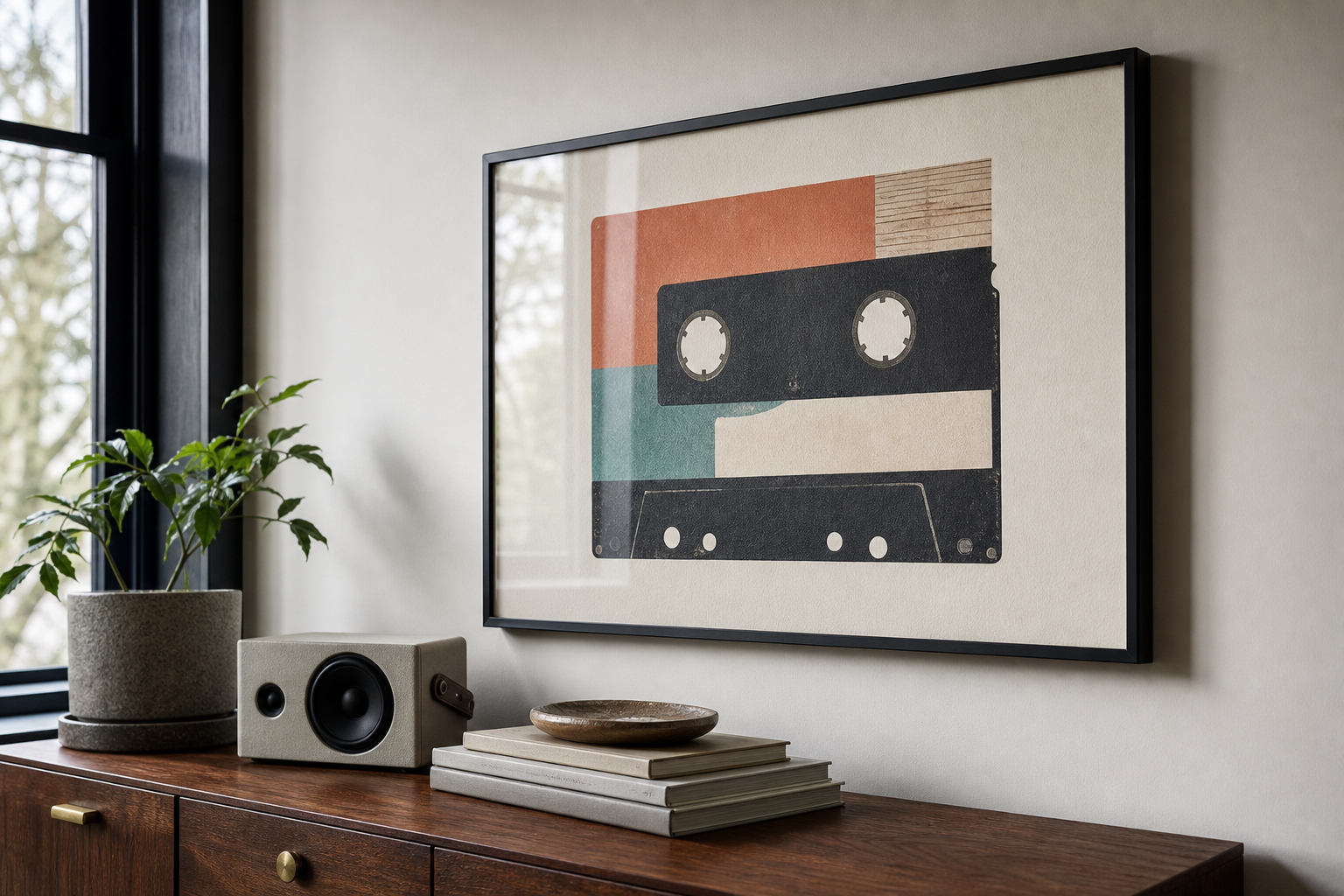 Close-up of cassette art in black metal frame