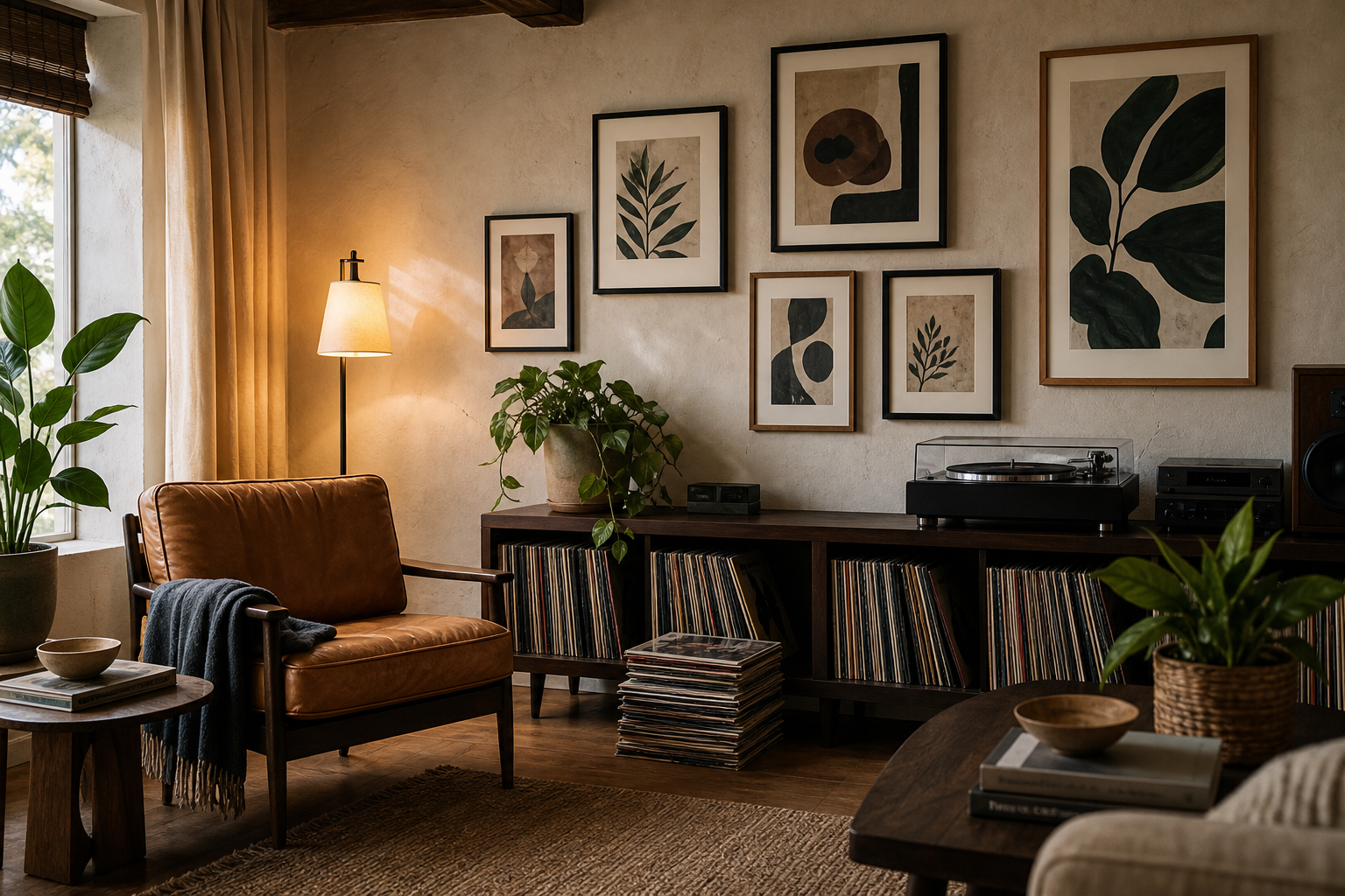 Living room gallery wall with cassette and music art
