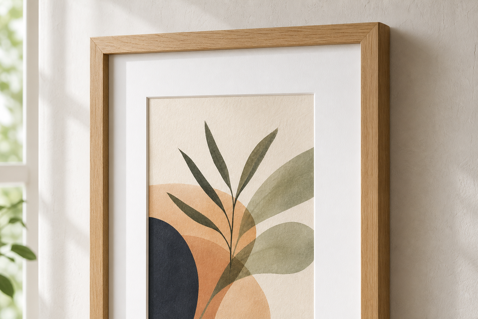 Close-up of oak frame and mat around playful animal print