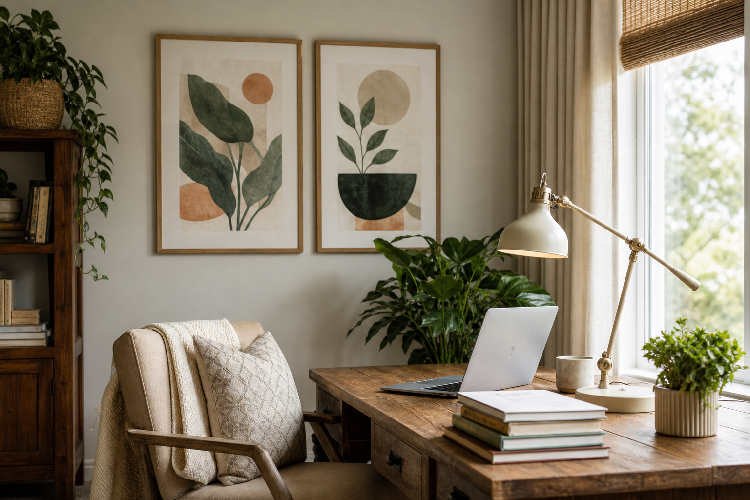 Home office styled with playful animal wall art