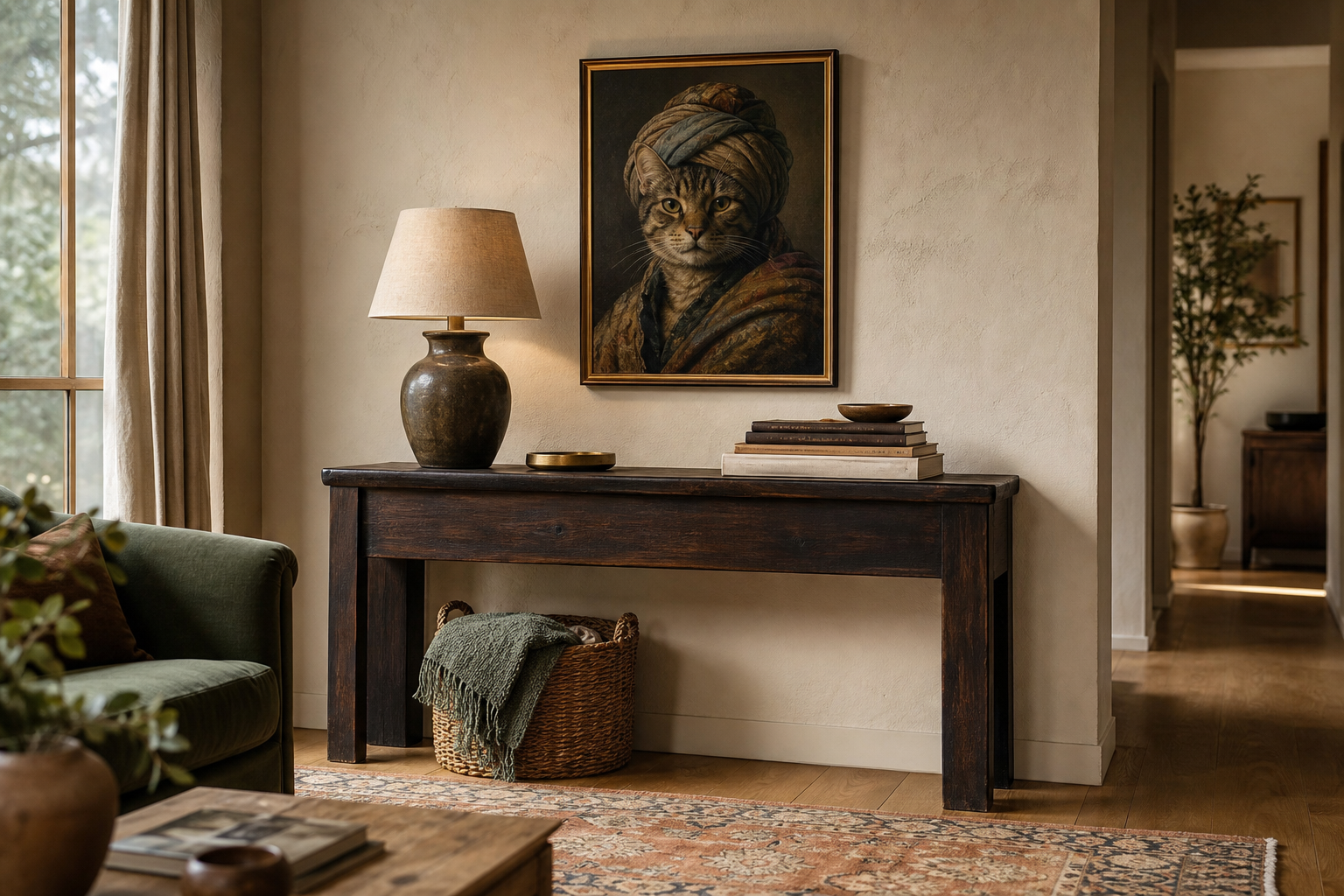Living room with cat portrait art hung above a console table