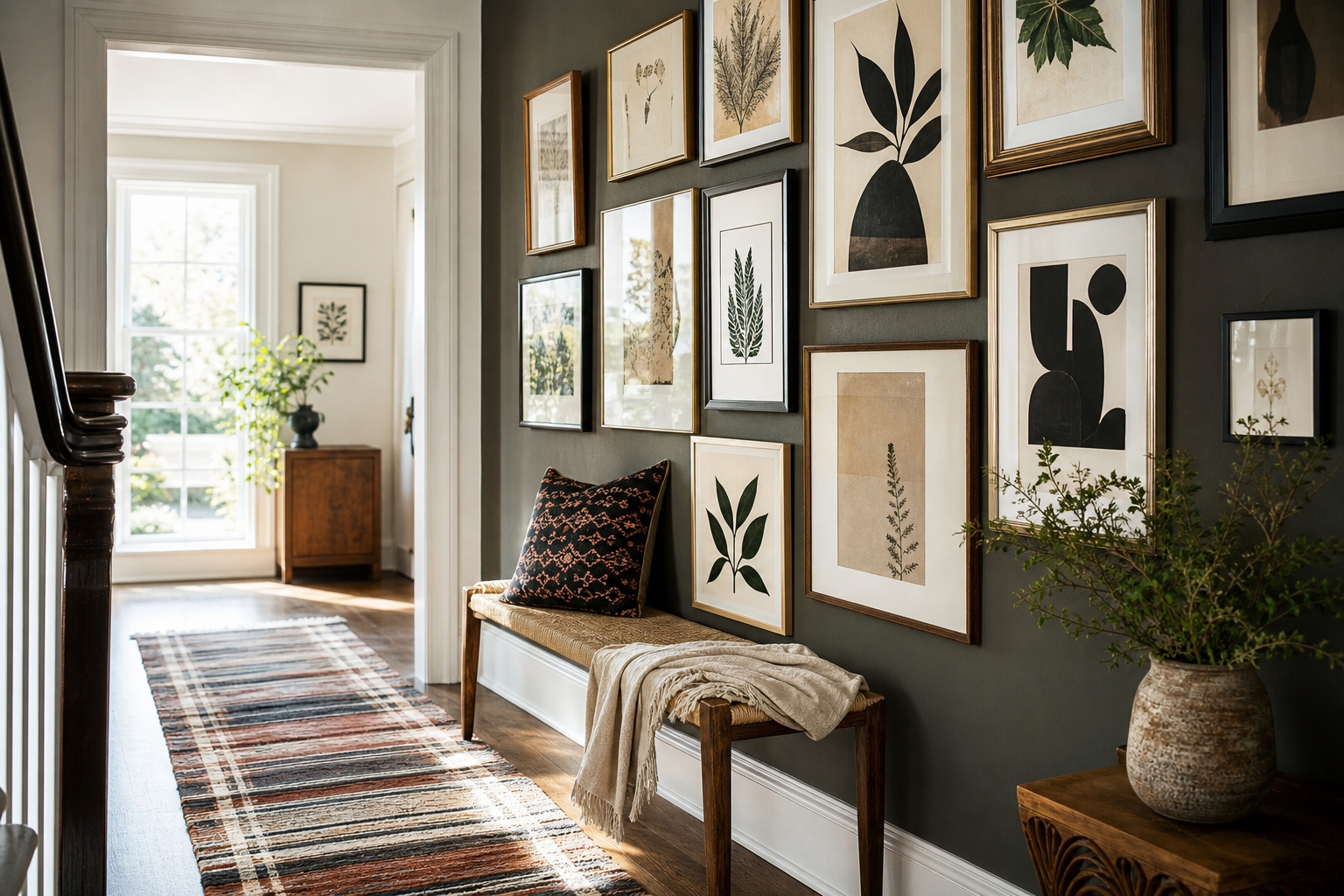 Eclectic hallway gallery wall with cat portrait as focal point