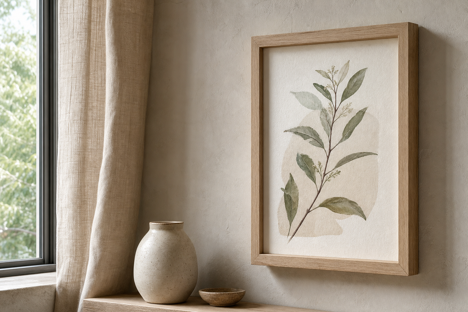 Close-up of oak frame and textured wall with coastal botanical art