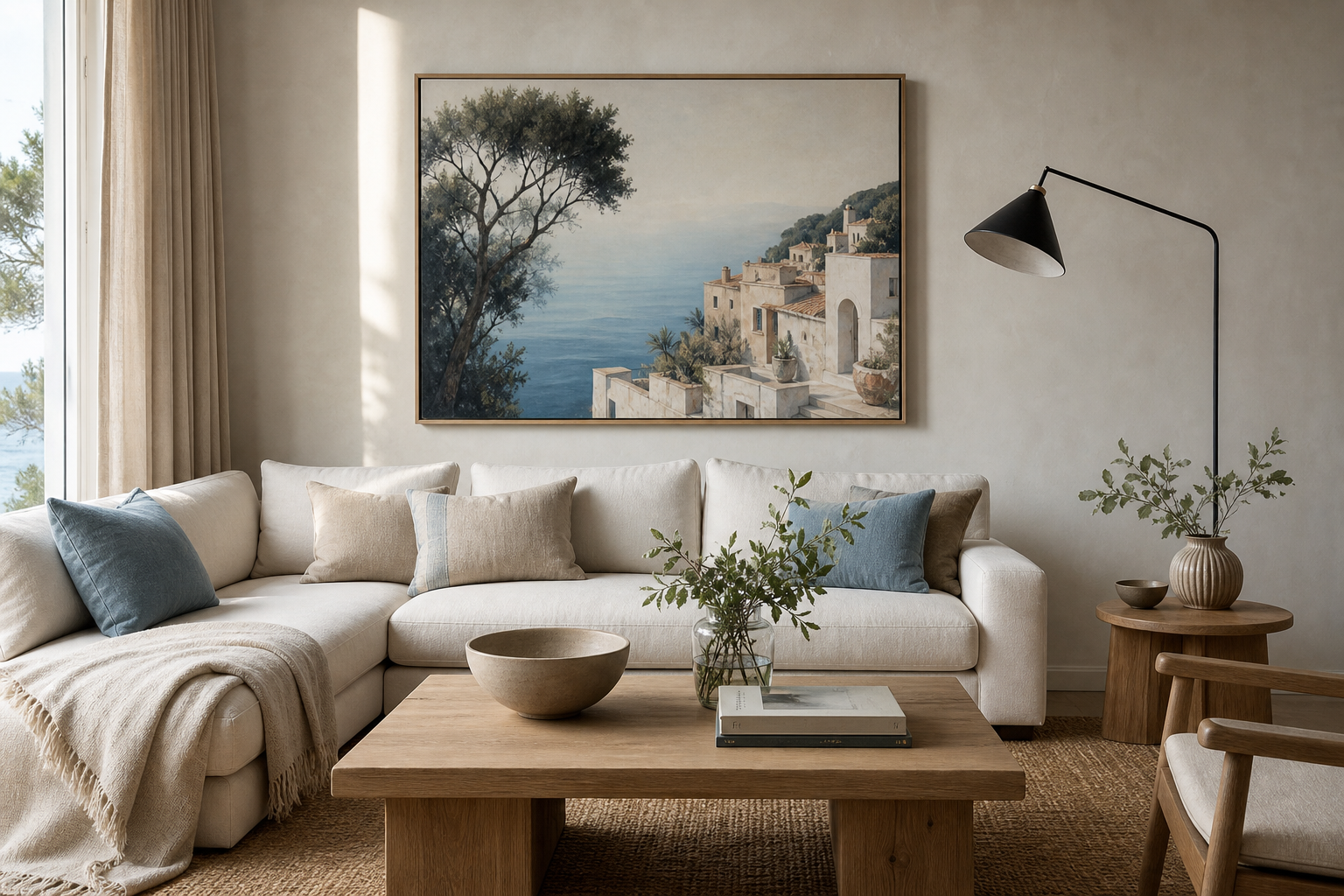 Coastal-inspired wall art above a sofa in a calm lounge