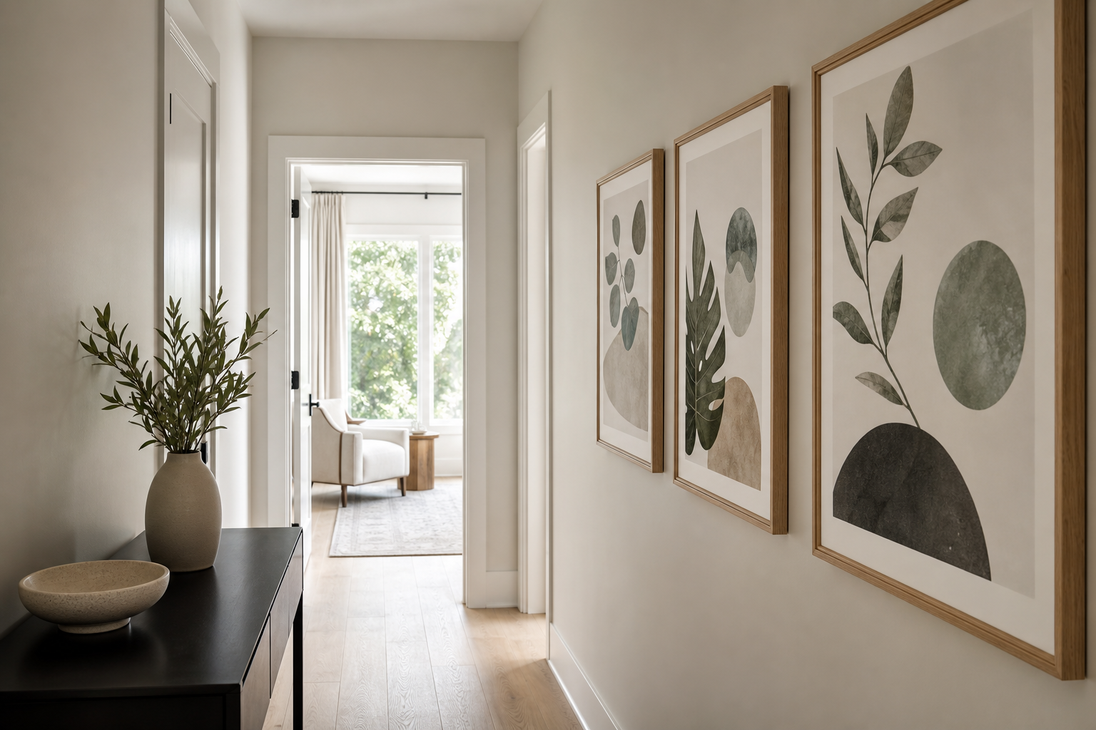 Hallway with coordinated art and finishes